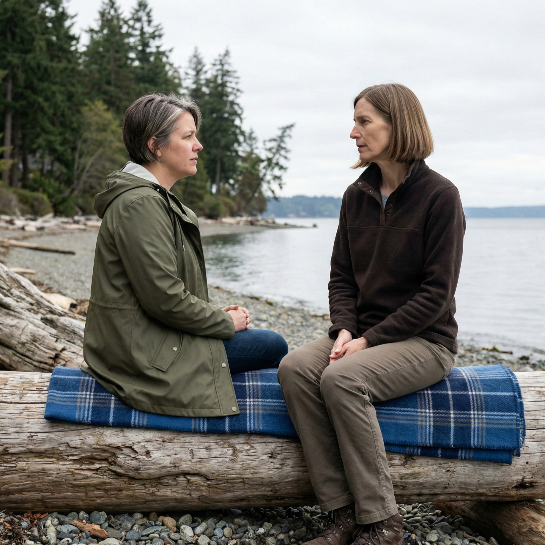 Middle age caucasian lesbian couple on a Bainbridge Island beach having a conversation while sitting on a large driftwood log