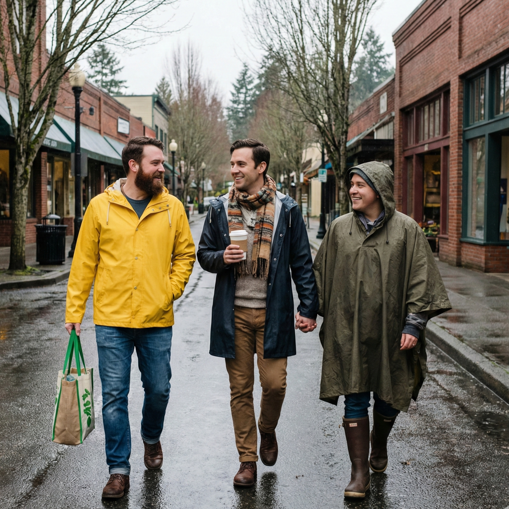 A thruple of threen men in their 30's walking downtown Winslow talking and smiling while shopping