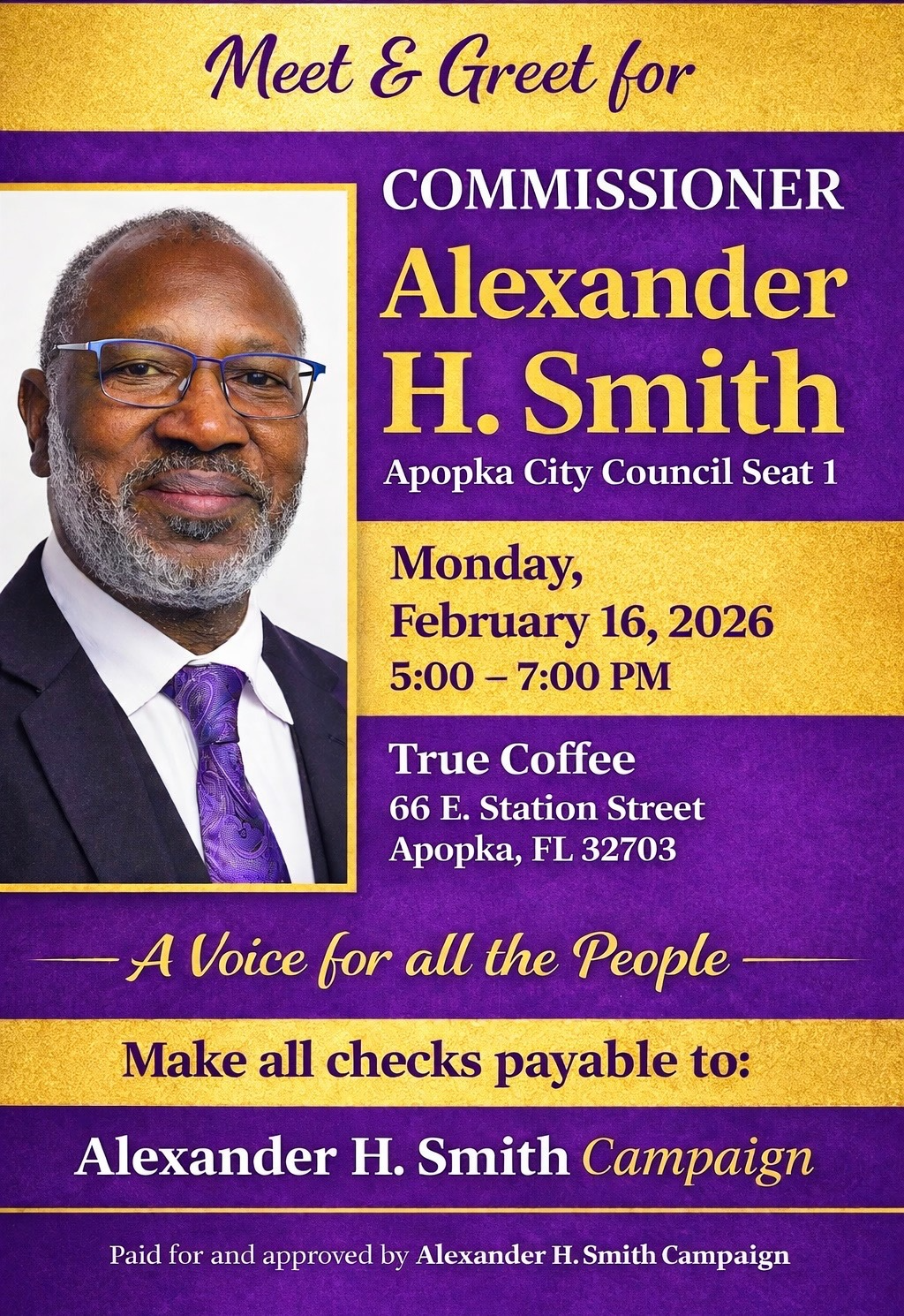 Flyer announcing a meet and greet event for Alexander H. Smith for Apopka City Council Seat 1, scheduled for Monday, February 16, 2026, from 5:00 to 7:00 PM at True Coffee, 66 E. Station Street, Apopka, FL 32703. The flyer features a picture of Alexa