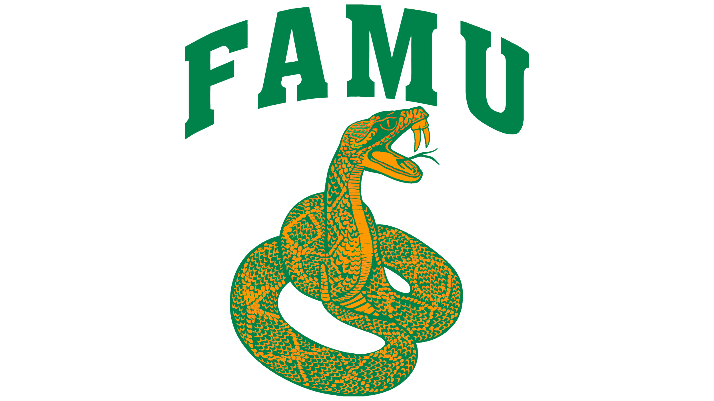 Green and yellow graphic with the word 'FAMU' above a coiled snake with its mouth open and tongue out.
