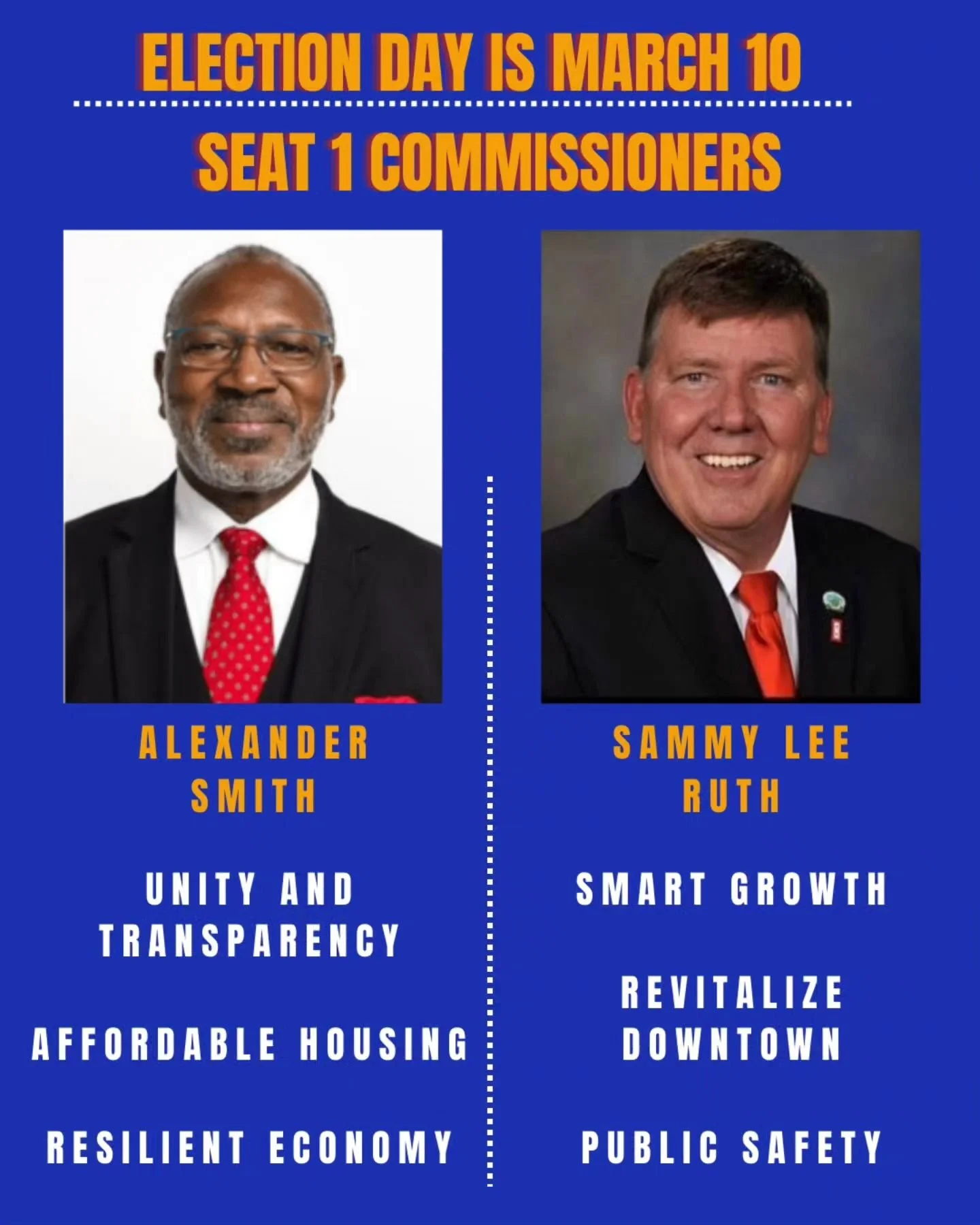 Graphic announcing election day is March 10, featuring photos of Alexander Smith and Sammy Lee Ruth. Alexander Smith's priorities include unity, transparency, affordable housing, and a resilient economy. Sammy Lee Ruth's priorities include smart grow