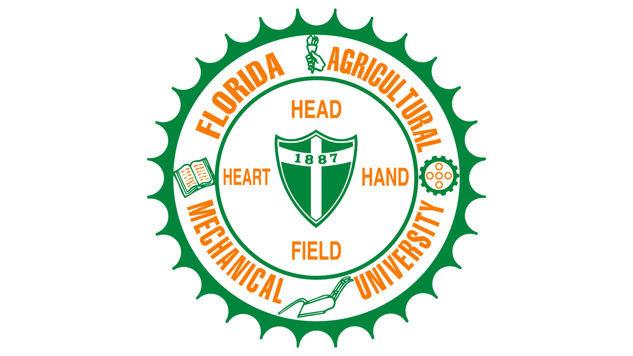 Emblem of Florida Agricultural and Mechanical University, featuring a green gear with an orange border, a shield with '1887', and symbols of a book, a torch, a gear, and a garden fork, with words 'Florida Agricultural & Mechanical University' and 'Head, Heart, Hand, Field' around the gear.