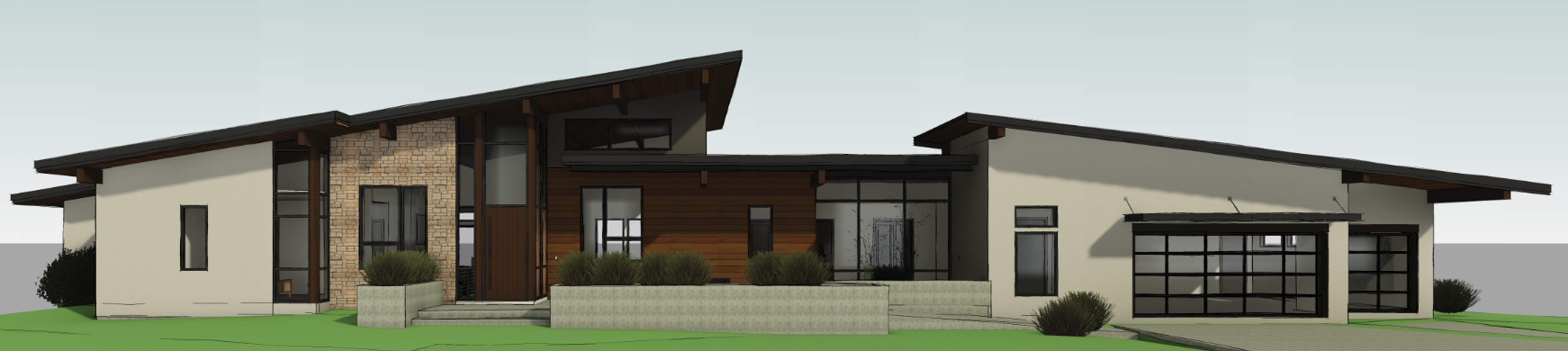 Modern house with diverse rooflines, large glass windows, and a mix of brick, wood, and stucco exterior, surrounded by landscaped greenery.