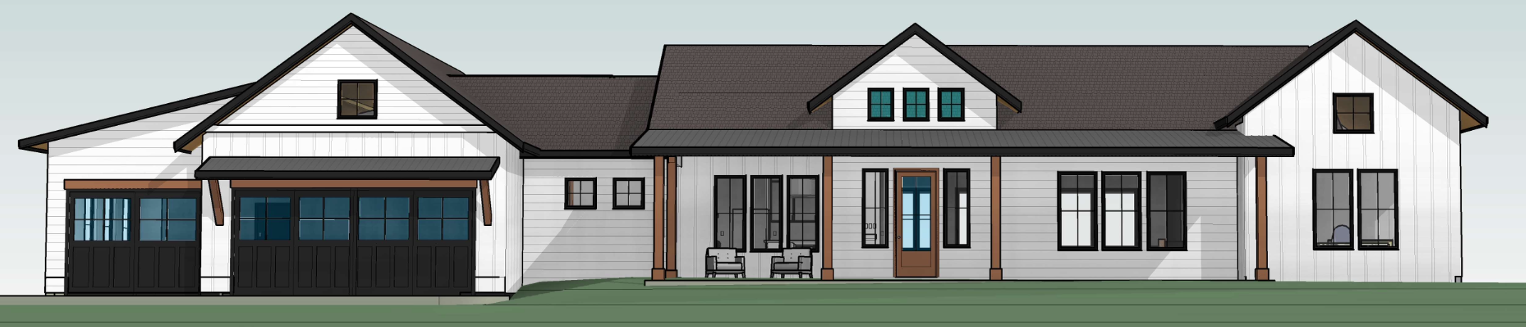 A modern two-story house with white vertical siding, black roof, multiple large windows, and a front porch with two chairs.