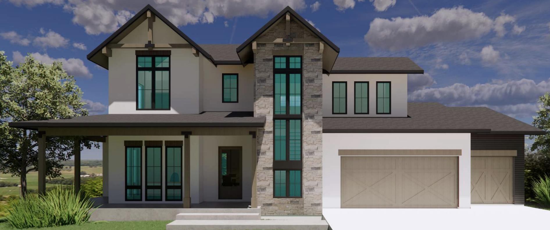 A modern two-story house with a combination of stone and white exterior walls, multiple large windows with black frames, a front porch with steps, a spacious garage with wooden doors, and surrounded by green lawn and trees under a blue sky with clouds.