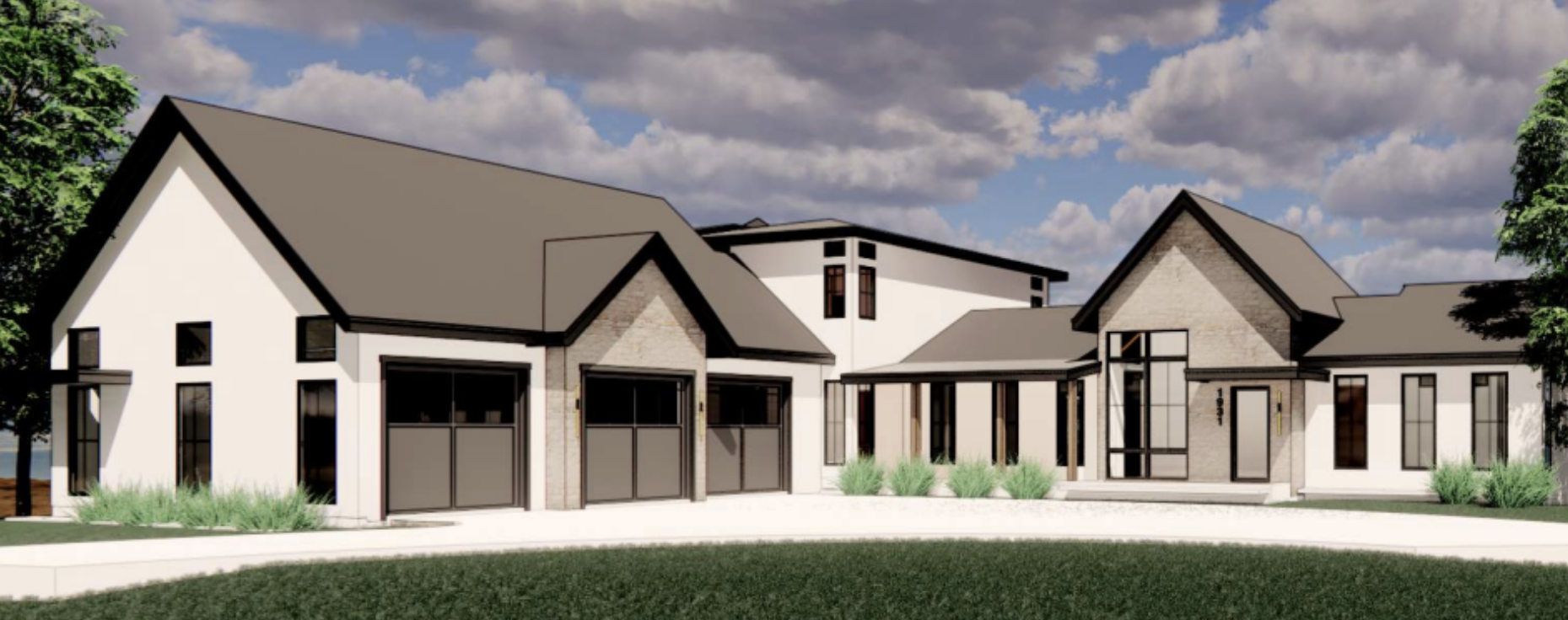 A modern house with multiple sections, white exterior walls, black window frames, and a gray roof, situated on a landscaped lawn with trees and a cloudy sky in the background.