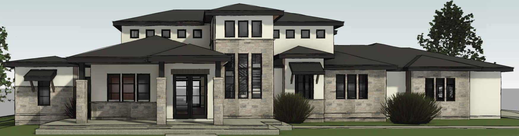A modern multi-story house with a combination of stone and white exterior walls, multiple black-framed windows, and a dark gray roof. The house has a front porch with steps, shrubbery, and two small overhangs above some windows, with trees visible in the background.