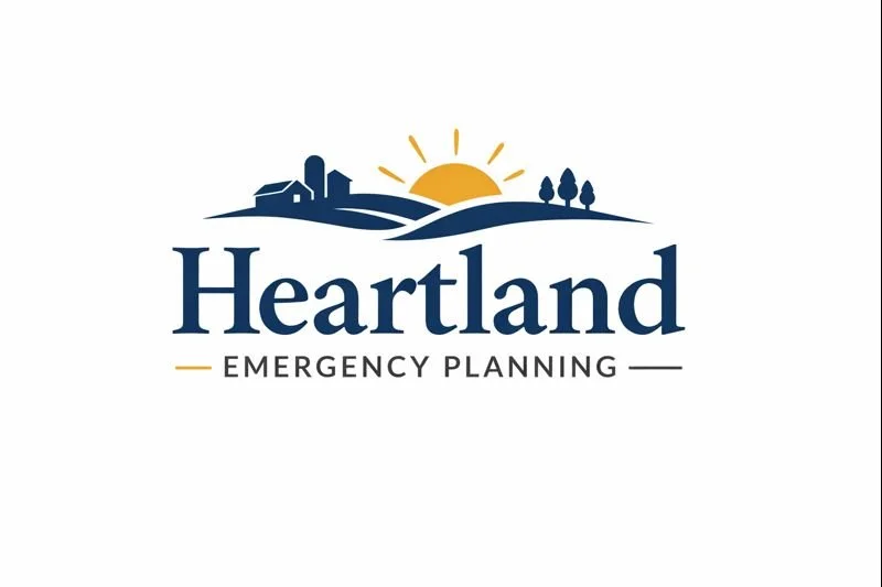 Heartland Emergency Planning logo featuring a sunrise over rolling hills and a barn in blue and yellow colors.