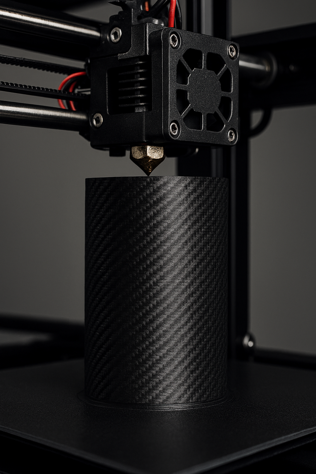 Close-up of a 3D printer nozzle extruding black filament onto a print bed, with a carbon fiber pattern visible on the filament.