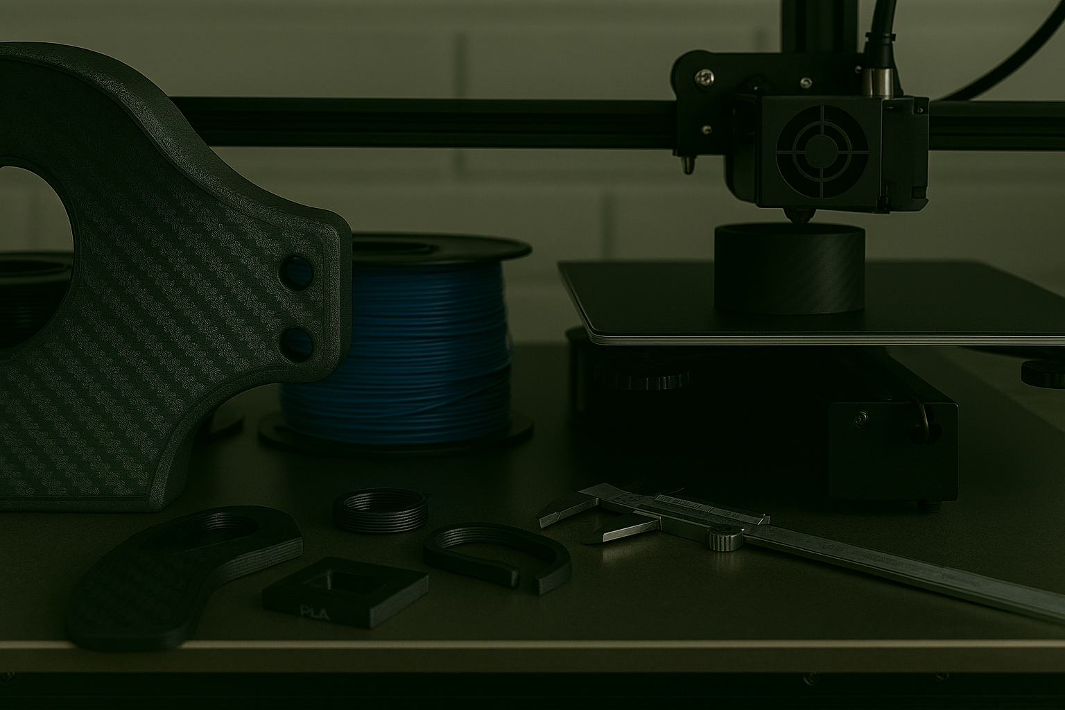 A 3D printer setup with filament spool, caliper, and other small tools on a work surface.