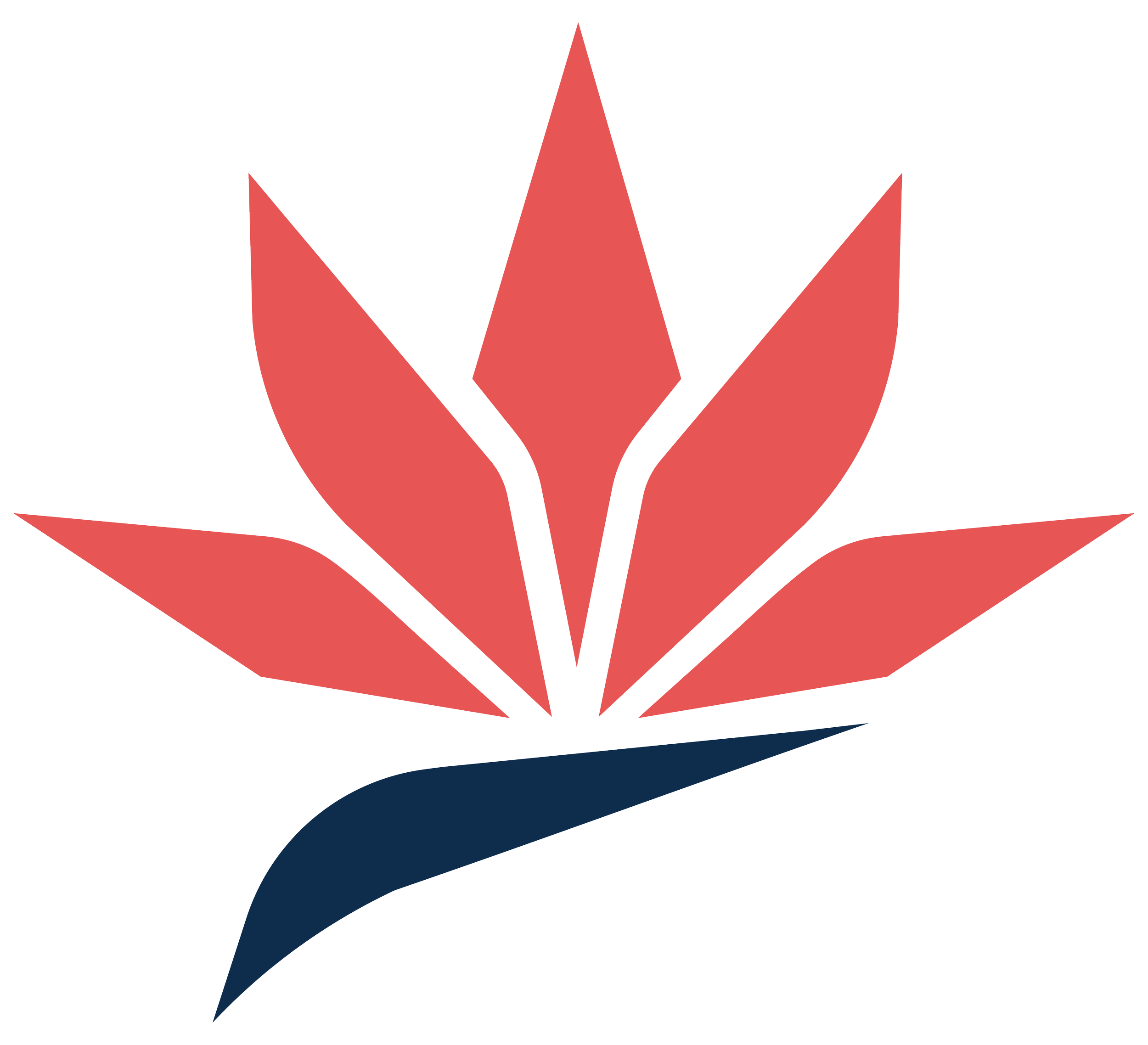 A stylized flower emblem with a black outline, red petals, and a blue leaf at the bottom.