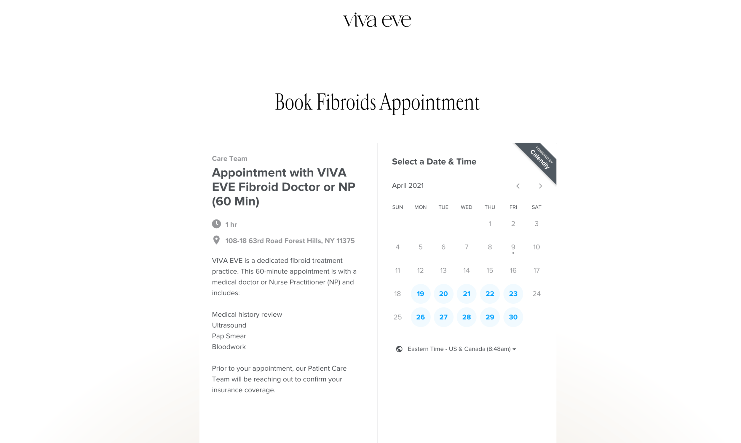 Booking flow > Service selection > Fibroids (Calendly embed)