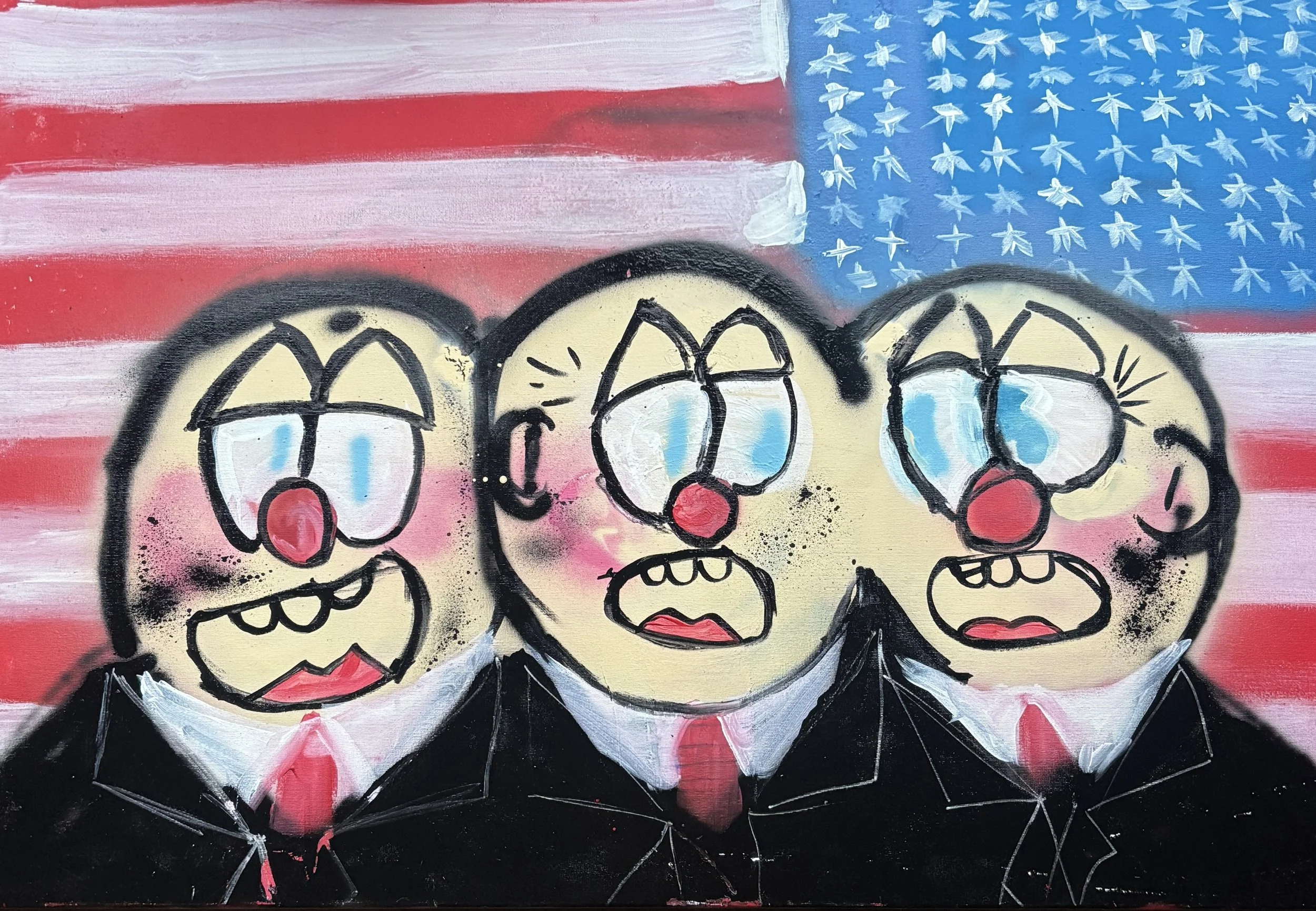 Street art painting of three cartoon characters with teary eyes and open mouths, wearing black suits and red ties, in front of an American flag background.