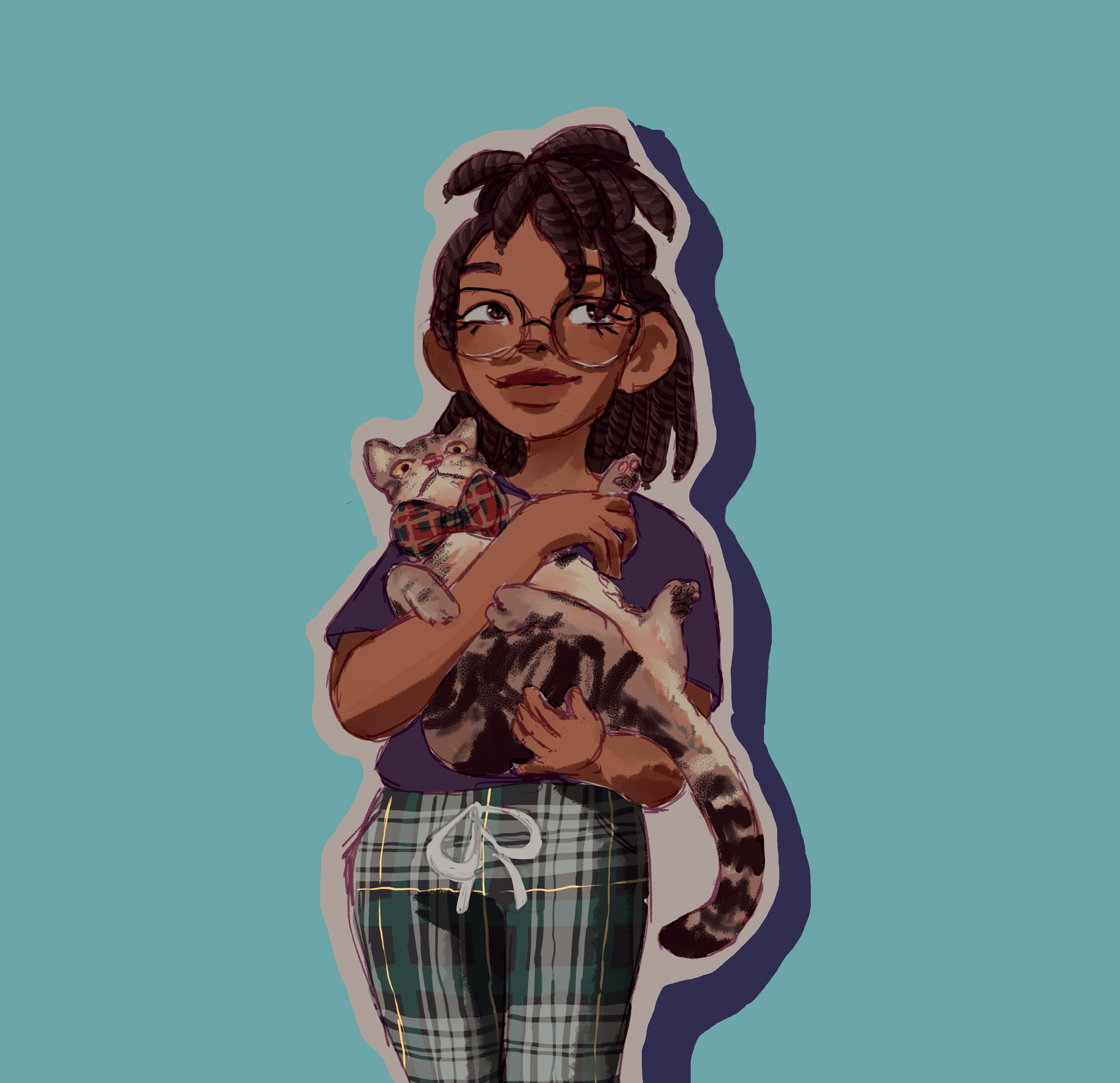 Me, 2024 A self portrait of the artist holding her cat Tyga