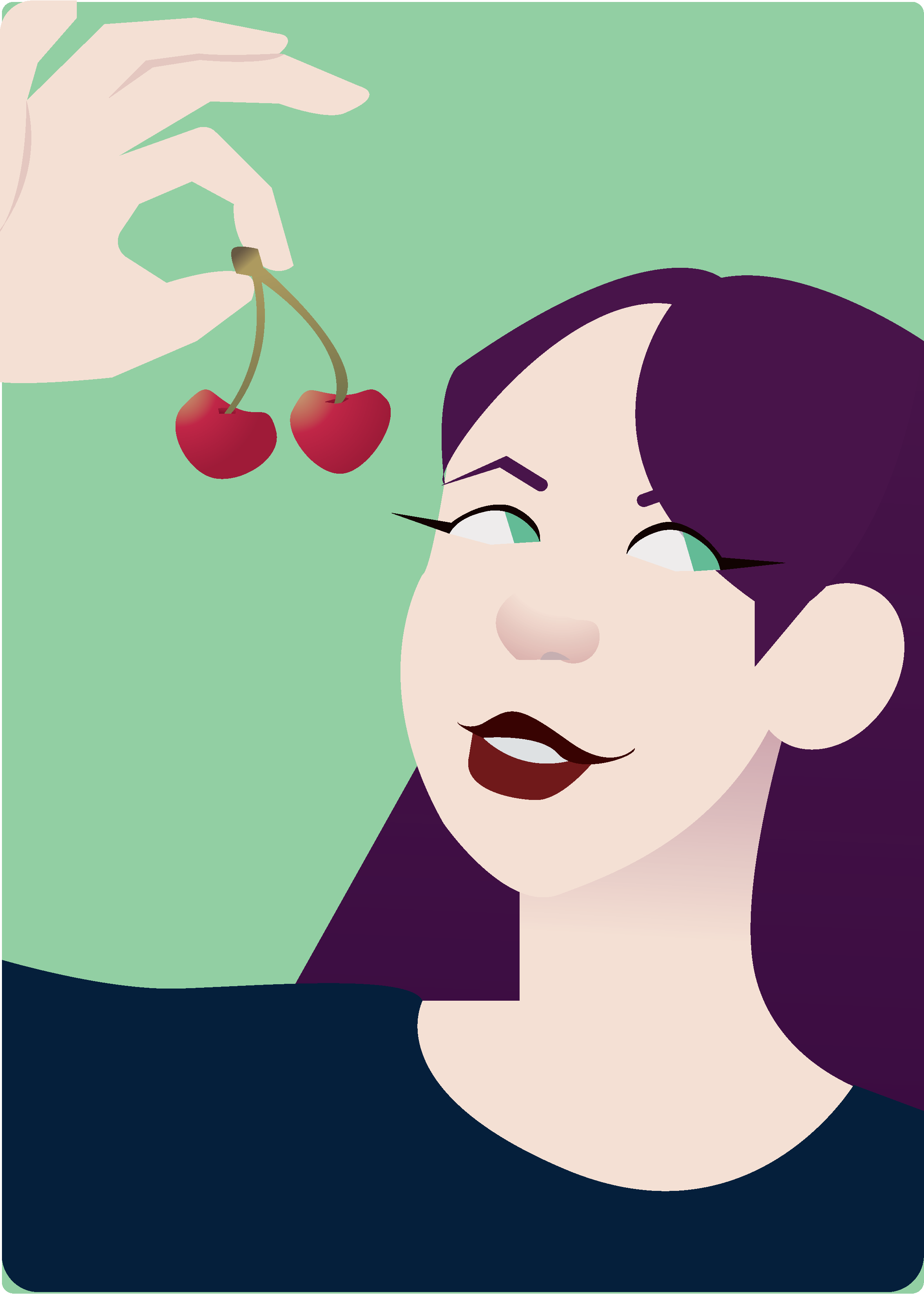 Cherry Girl, 2020
Girl with long purple hair wearing a black shirt holding up a pair of cherries