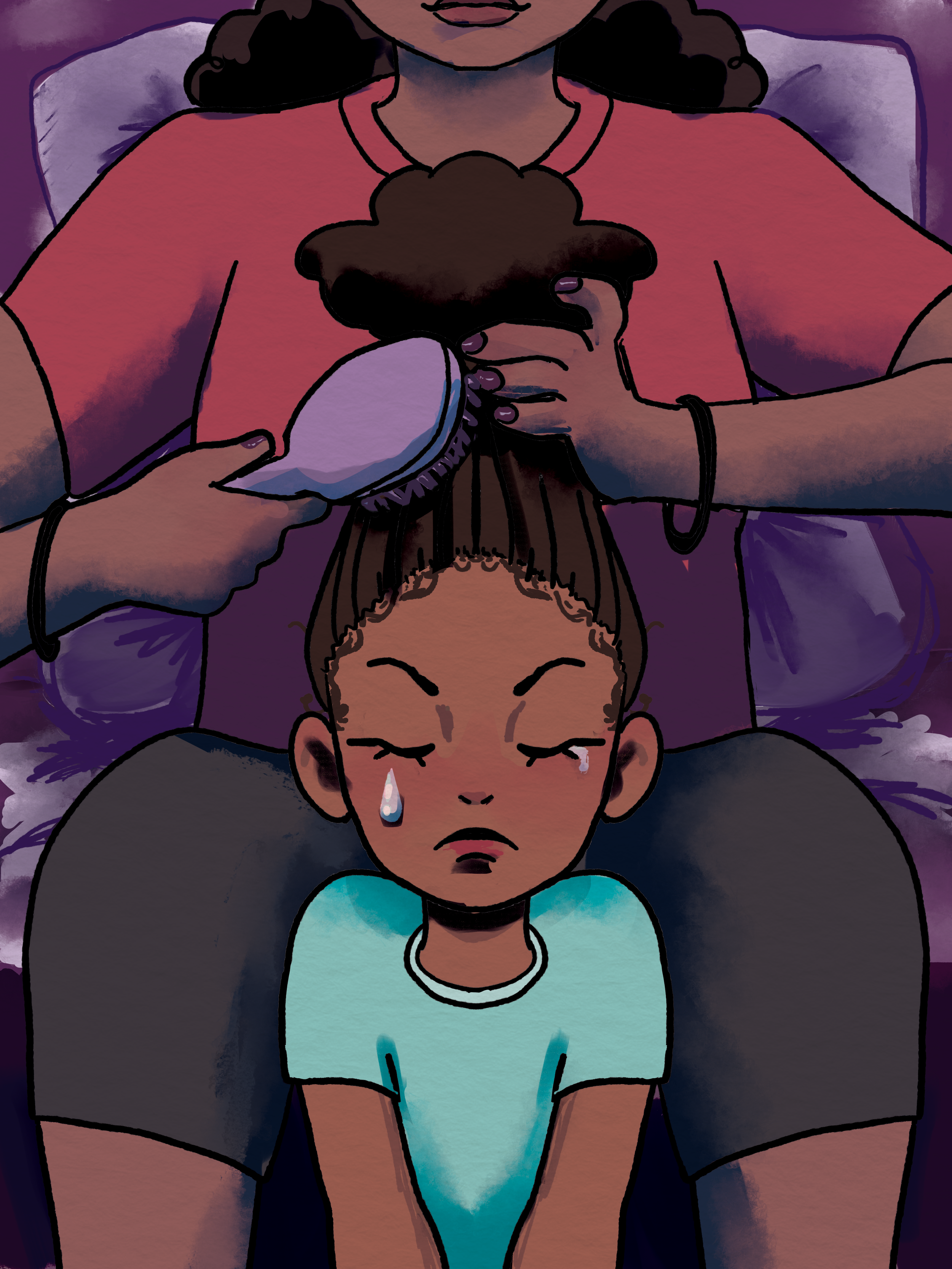 Tender-headed, 2025
Digital illustration of a young girl having her hair brushed into a bun by her mother. She cries from the pain.