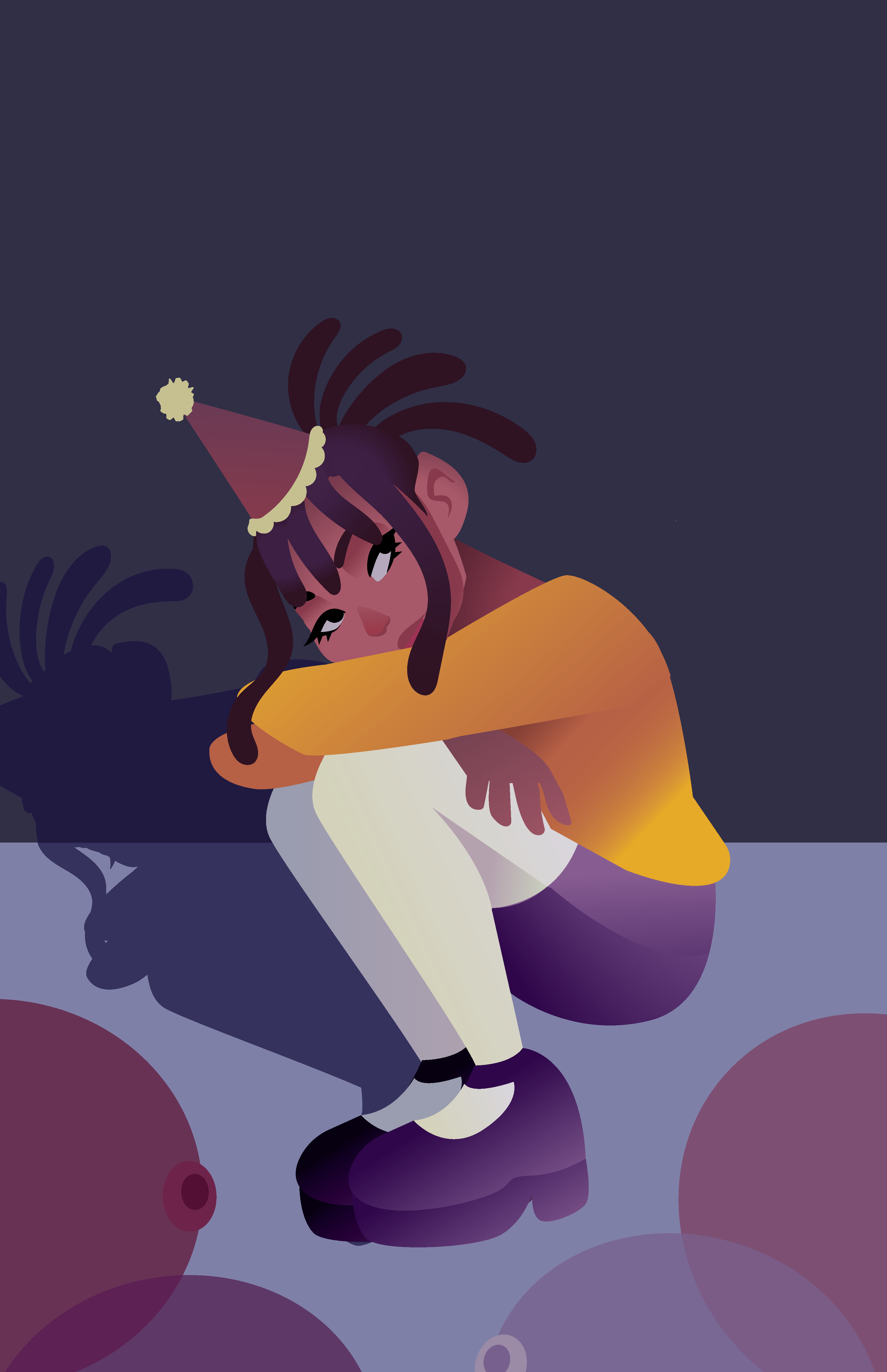 Pity Party, 2023
Vector illustration of a sad clown girl with locs in a party hat surrounded by balloons.