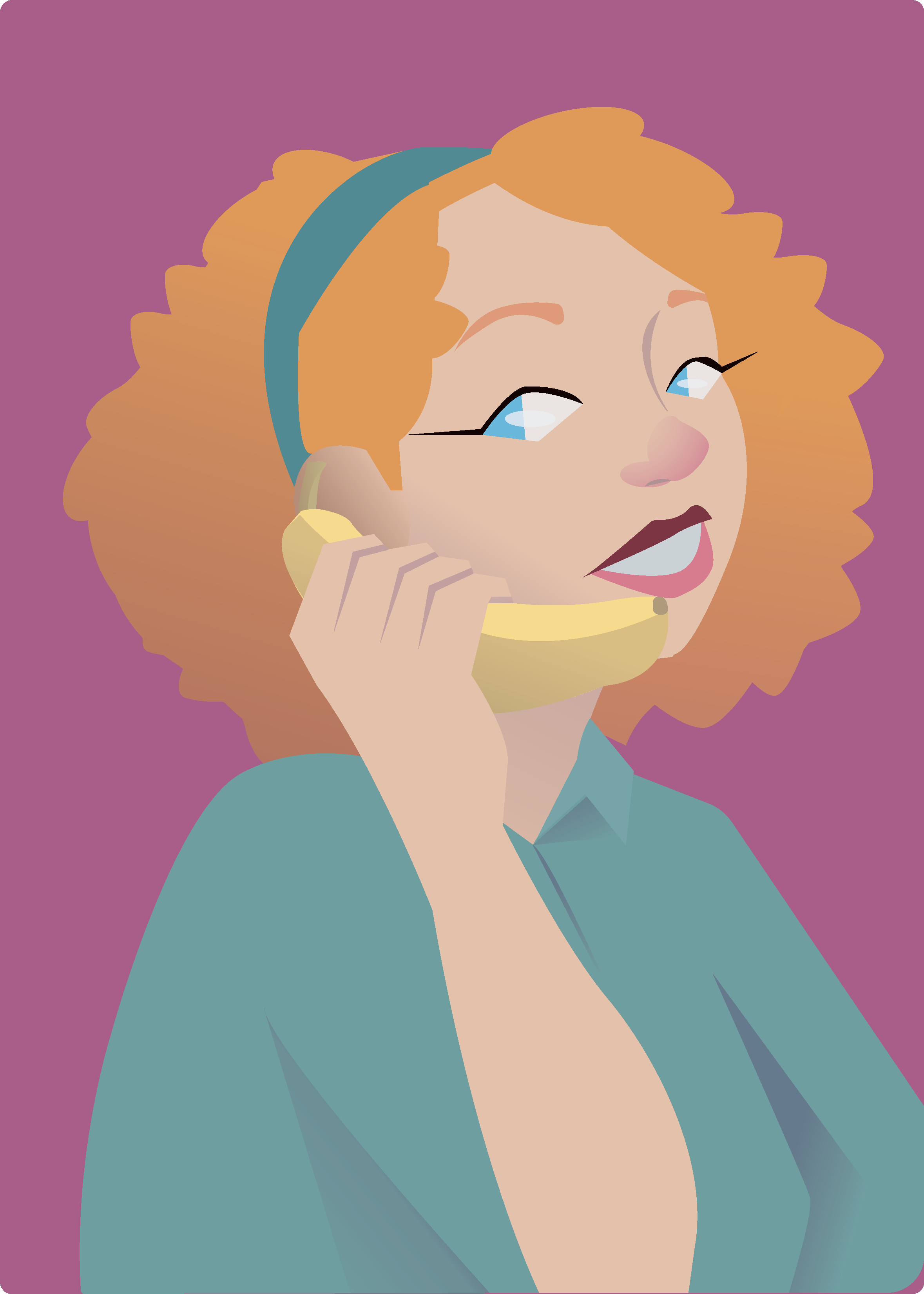 Banana Girl, 2020
Girl with orange curly hair wearing a teal shirt using a banana as a phone