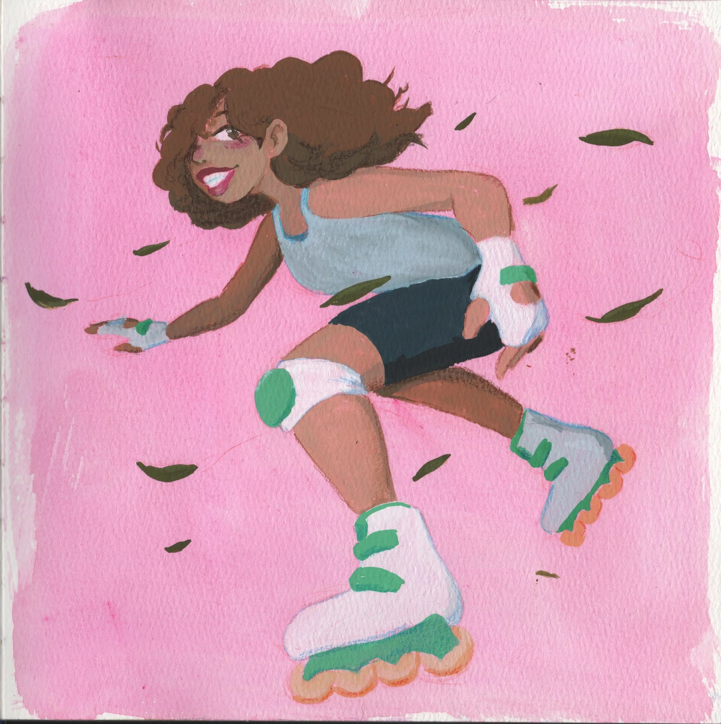 Swift, 2024
Gouache and colored pencil on watercolor paper
Illustration of a curly haired girl on roller blades. Leaves fly past her