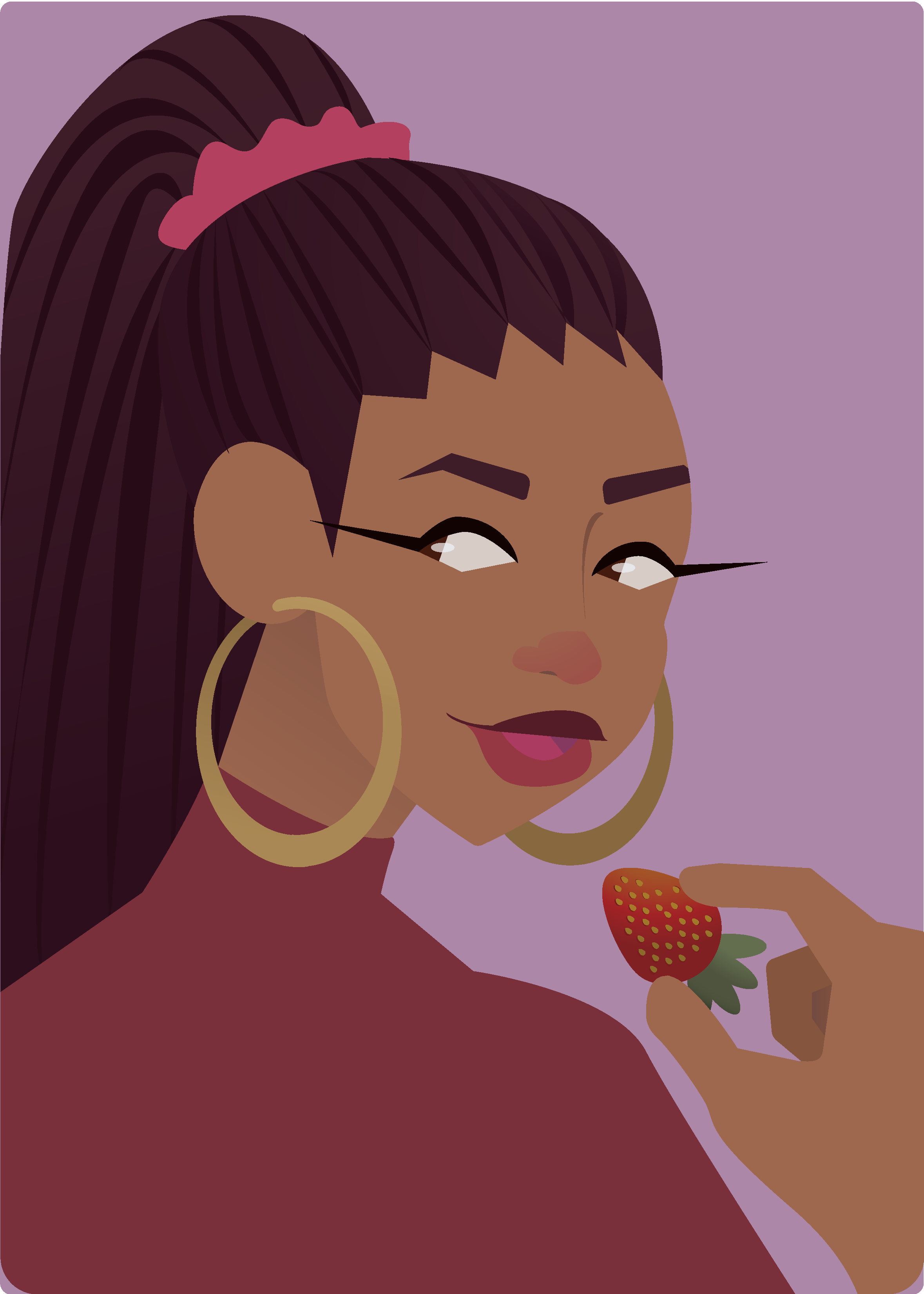 Strawberry Girl, 2020
Girl with long braids held in a ponytail wearing big hoop earrings and a red turtleneck. She holds a strawberry near her mouth.