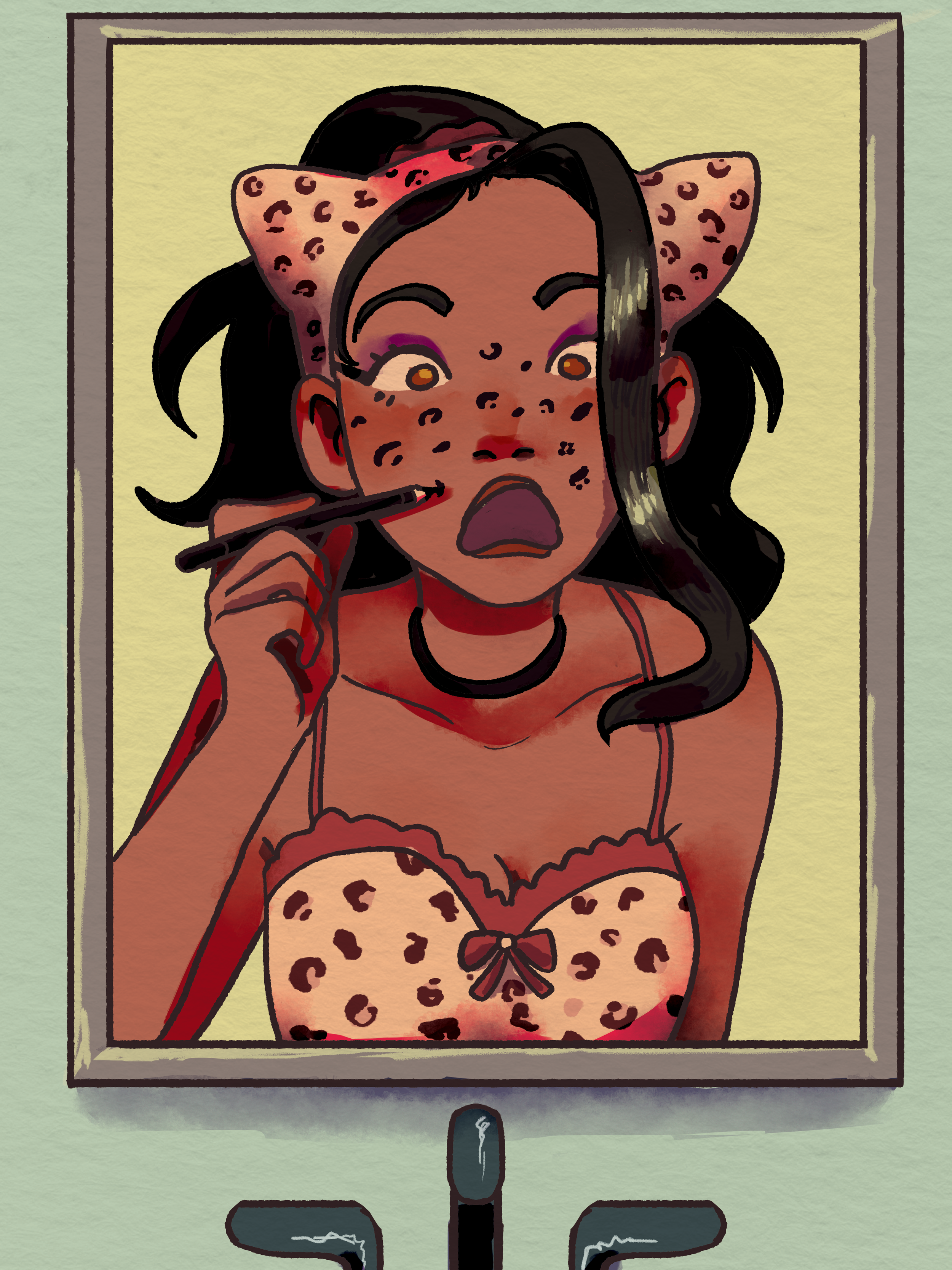 Spots, 2025
Digital illustration of a girl drawing cheetah spots on her face while looking in the mirror. She wears a cheetah print shirt and ears