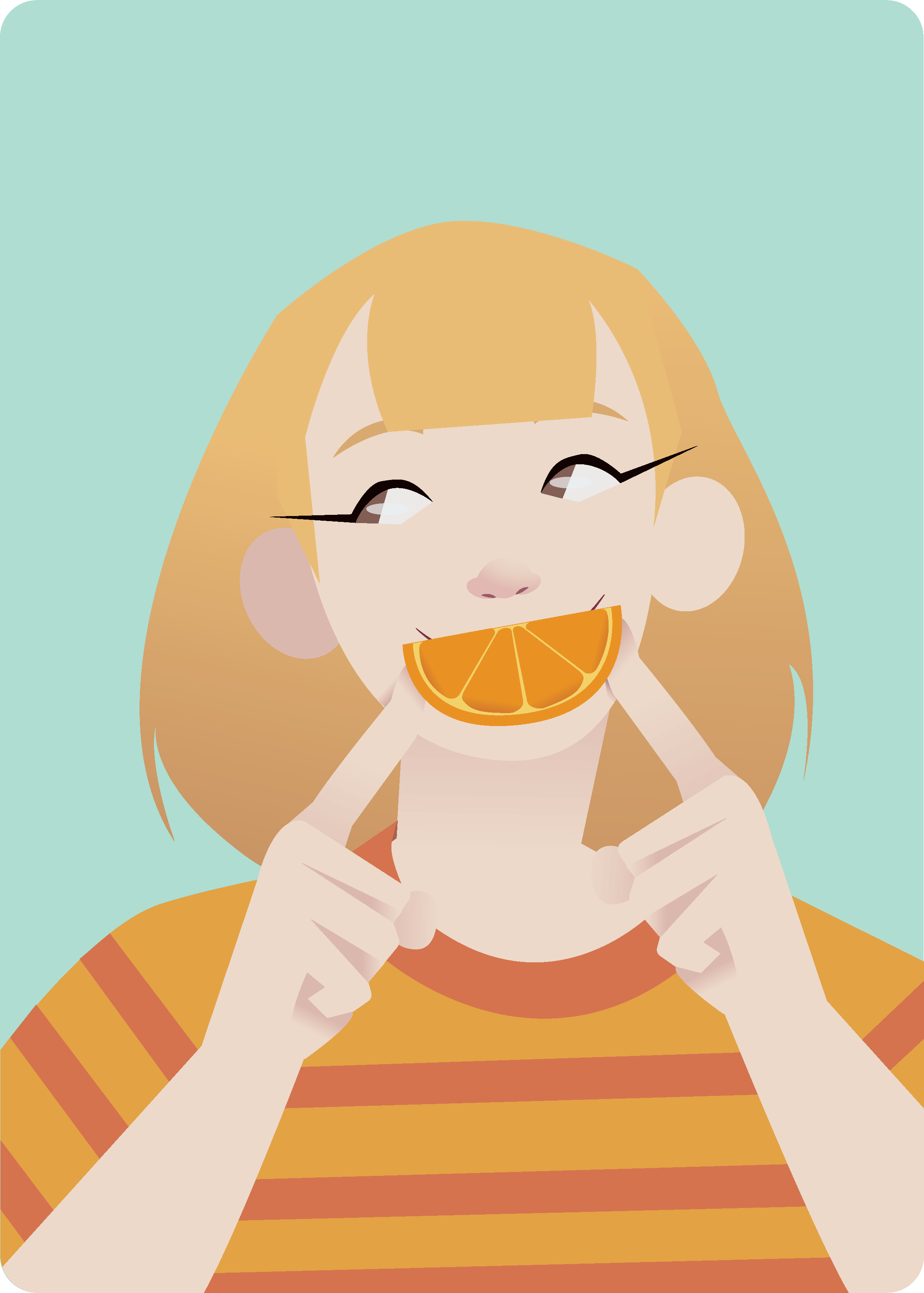 Orange Girl, 2020
Girl with blonde hair and an orange striped shirt. She holds an orange slice up to her mouth to cover her smile.