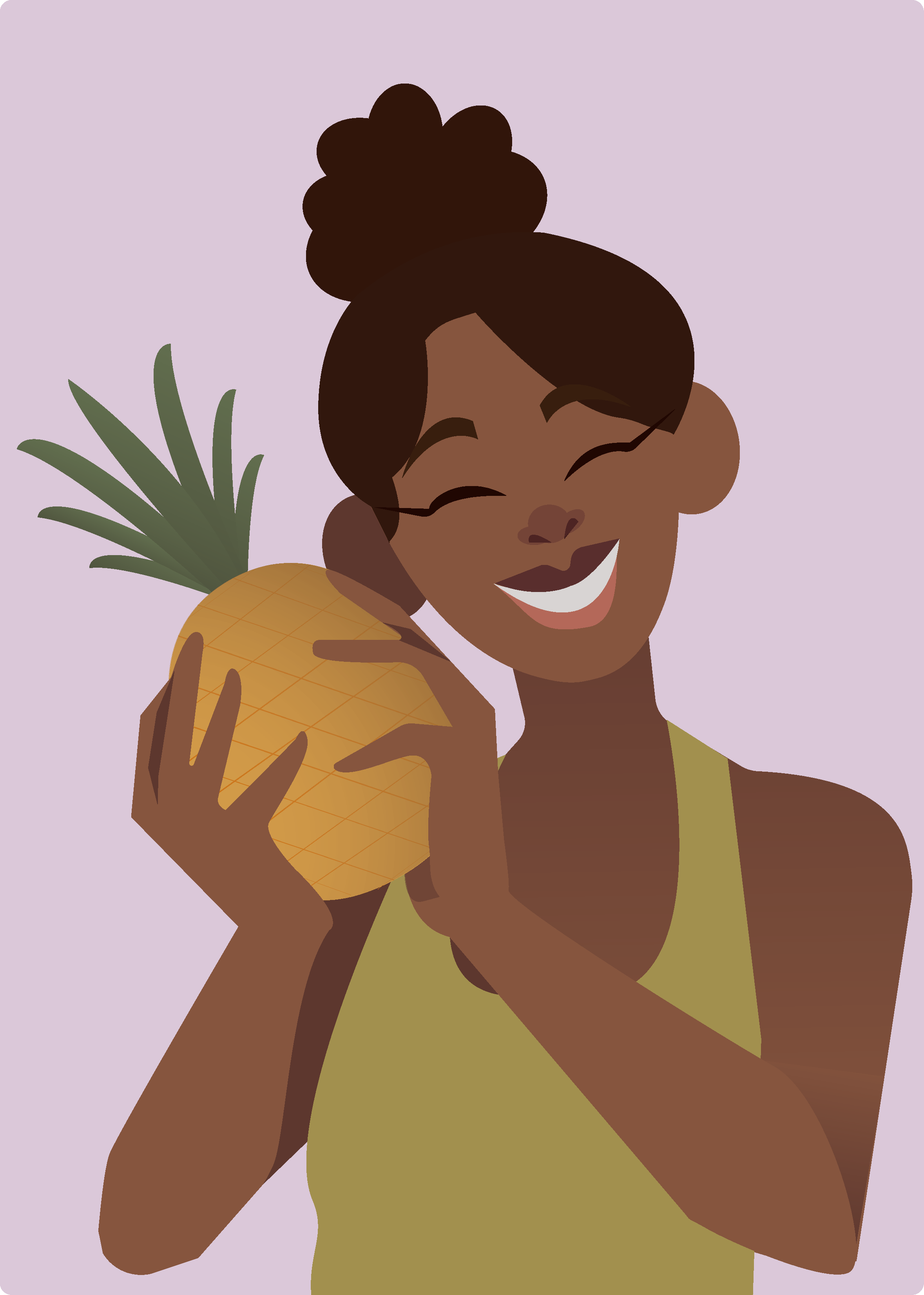 Pineapple Girl, 2020
Girl with her hair in a puff wearing a tank top and holding a pineapple
