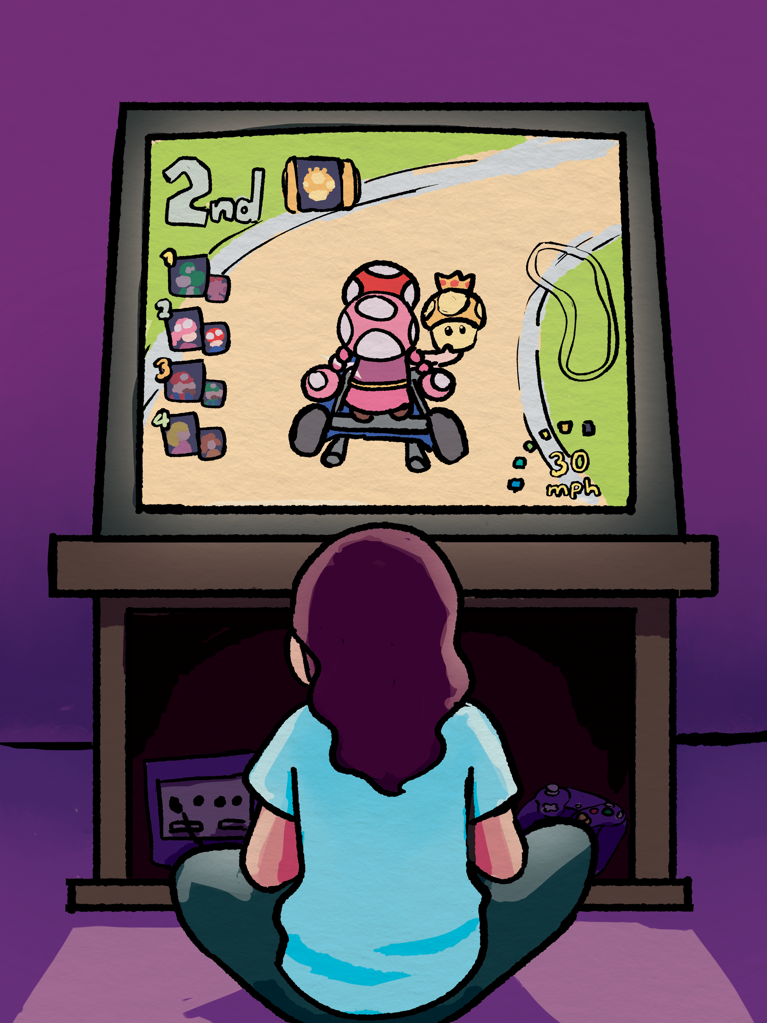 Double Dash, 2025
Digital illustration of a young girl playing Mario Kart Double Dash on a TV. On screen, she is playing as Toad and Toadette.