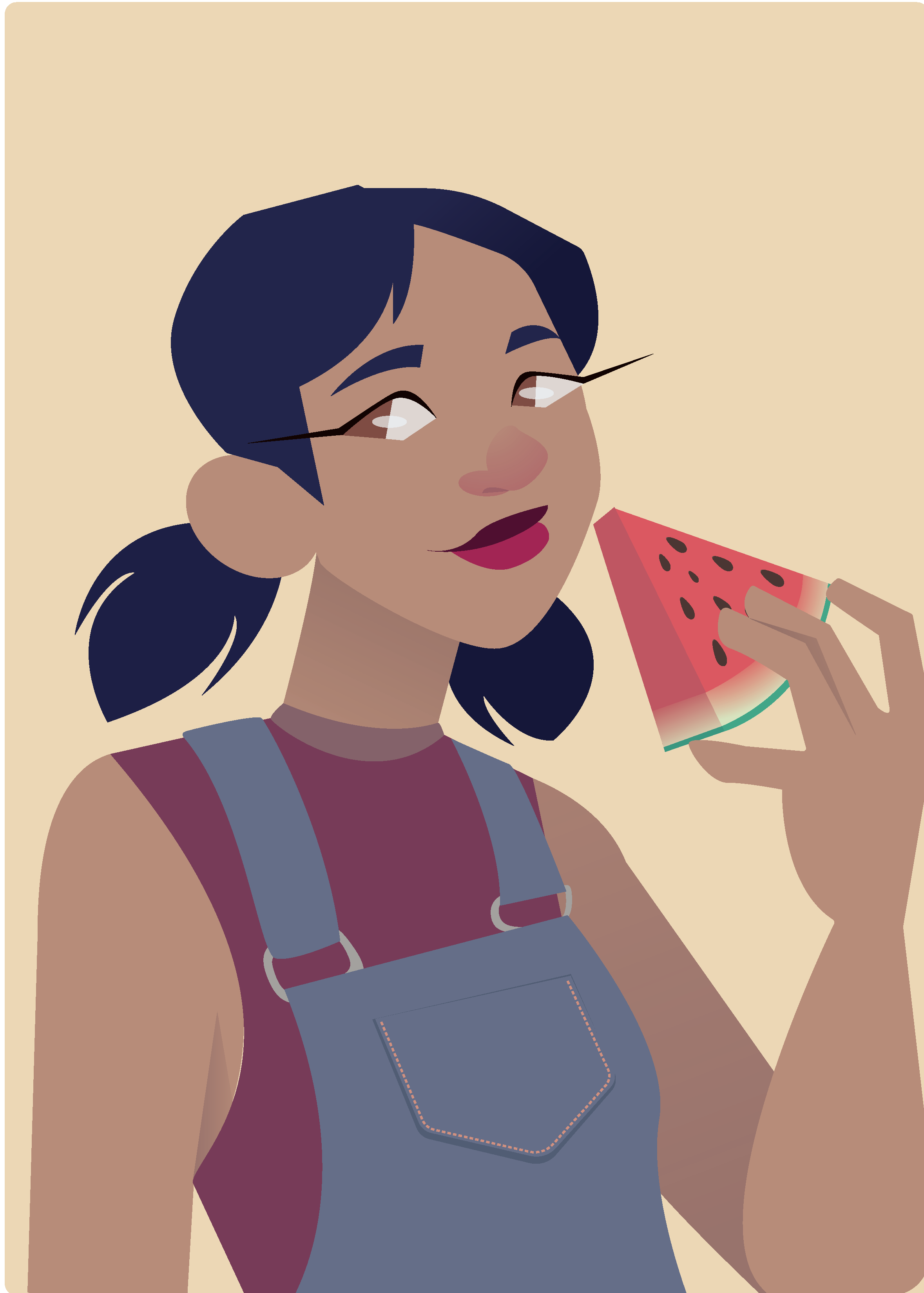Watermelon Girl, 2020
Girl with short, dark pigtails wearing jean overalls and a maroon tank top. She holds a triangular slice of watermelon.