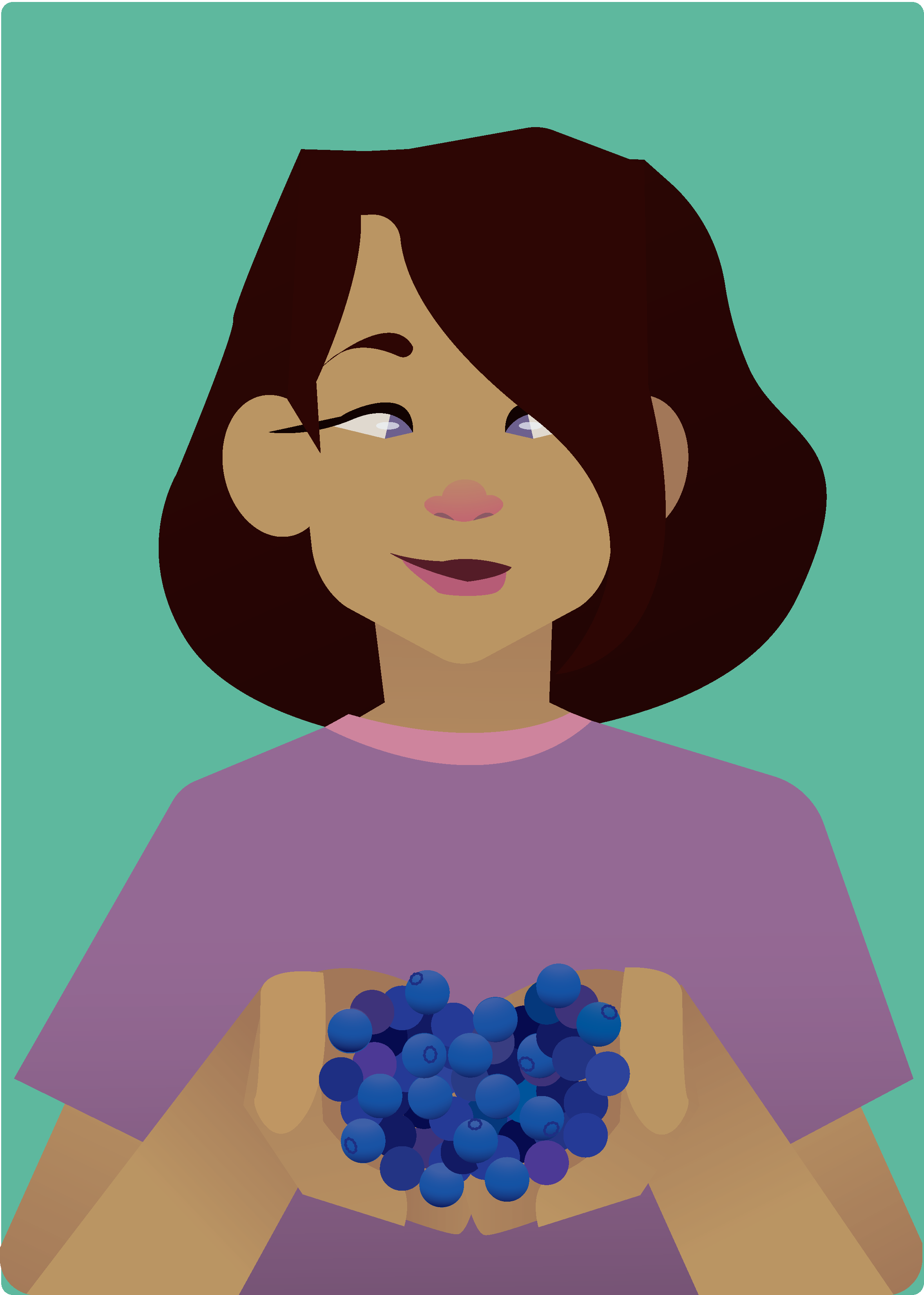 Blueberry Girl, 2020
Girl with short brown hair wearing a purple shirt holds a handful of blueberries between both hands.