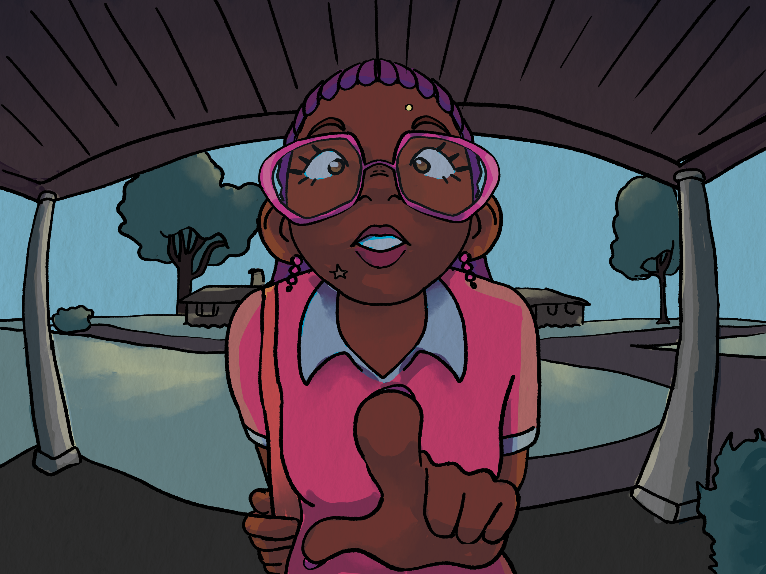 Ring, 2025 
Digital illustration of a girl with braids ringing a doorbell. Fish eye perspective