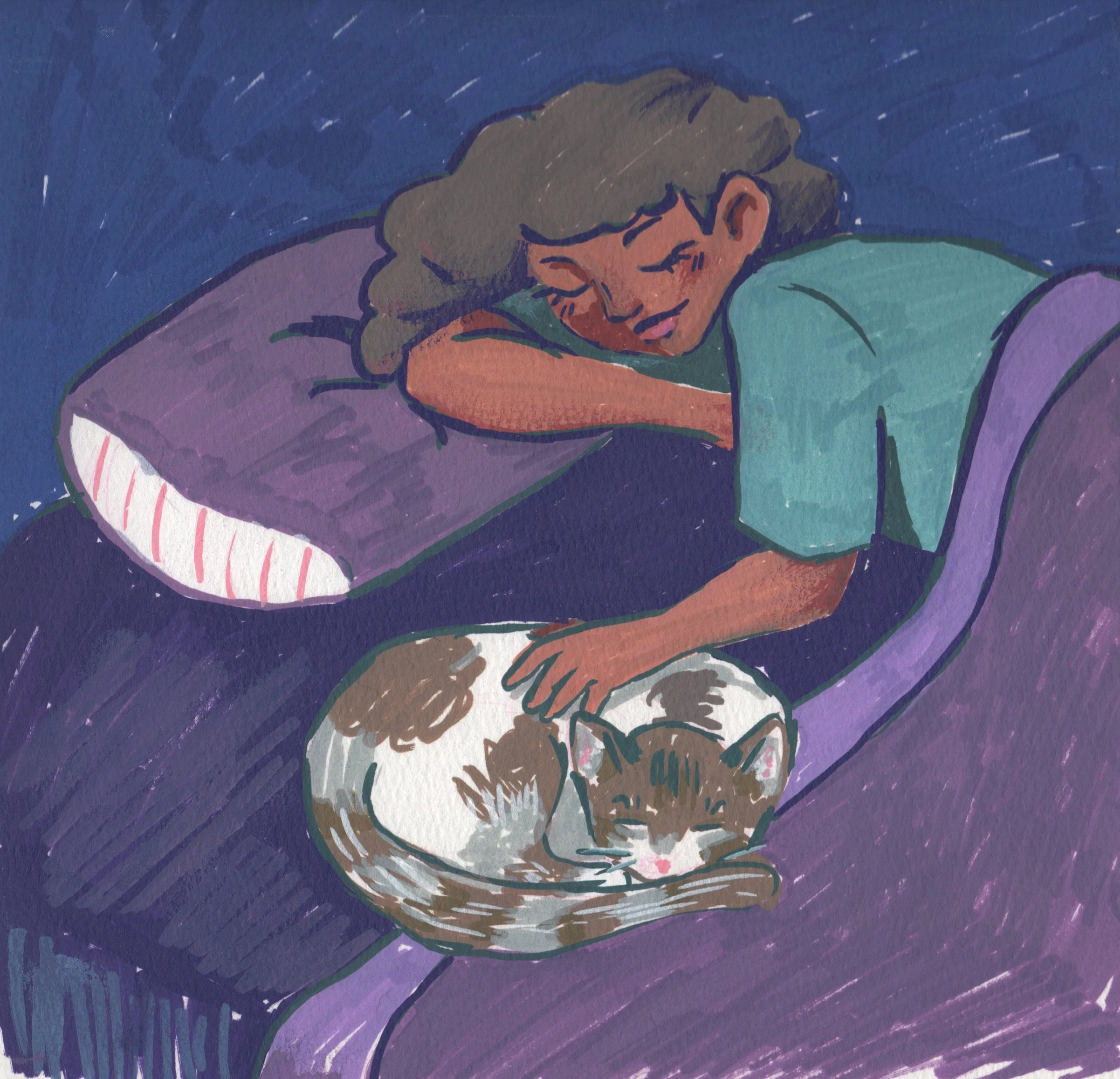 Rest, 2025
Acrylic markers on watercolor paper
Illustration of a curly haired girl sleeping in her bed. She rests her hand on her cat who sleeps next to her.