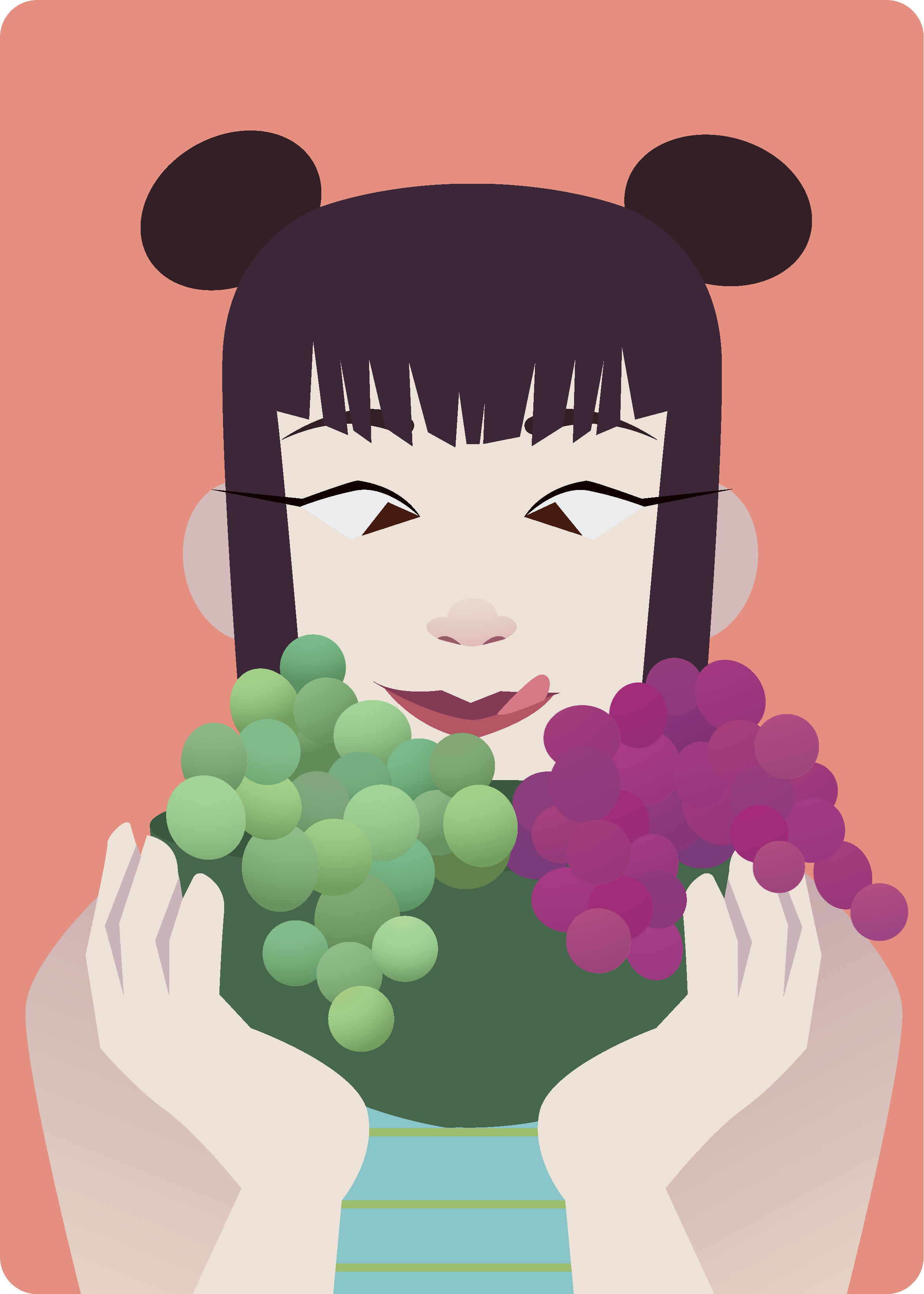 Grape Girl, 2020
Girl with hair in space buns holds up a bowl of green and purple grapes.