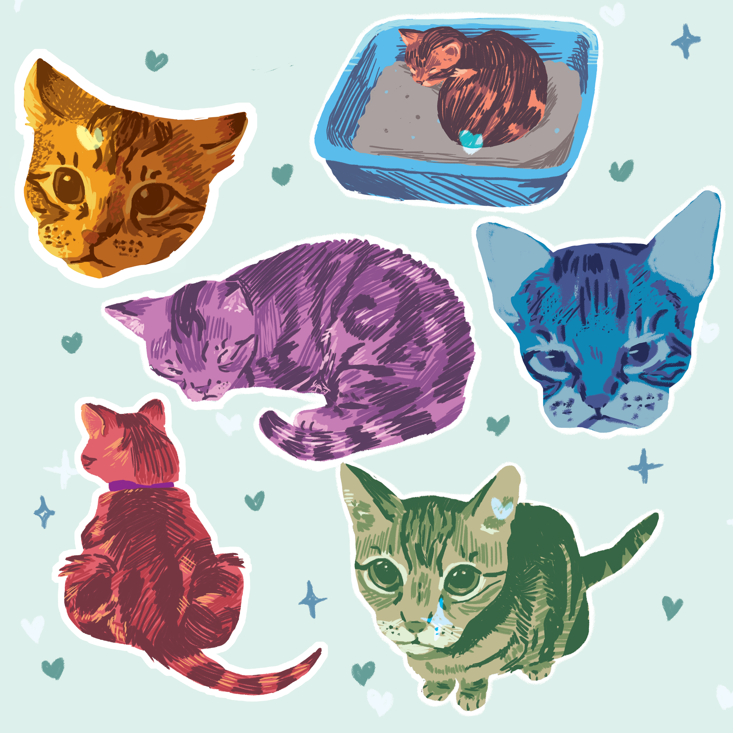 Tyga, 2024
Digital illustrations of my tabby cat, Tyga, in various colors and sleeping poses. 