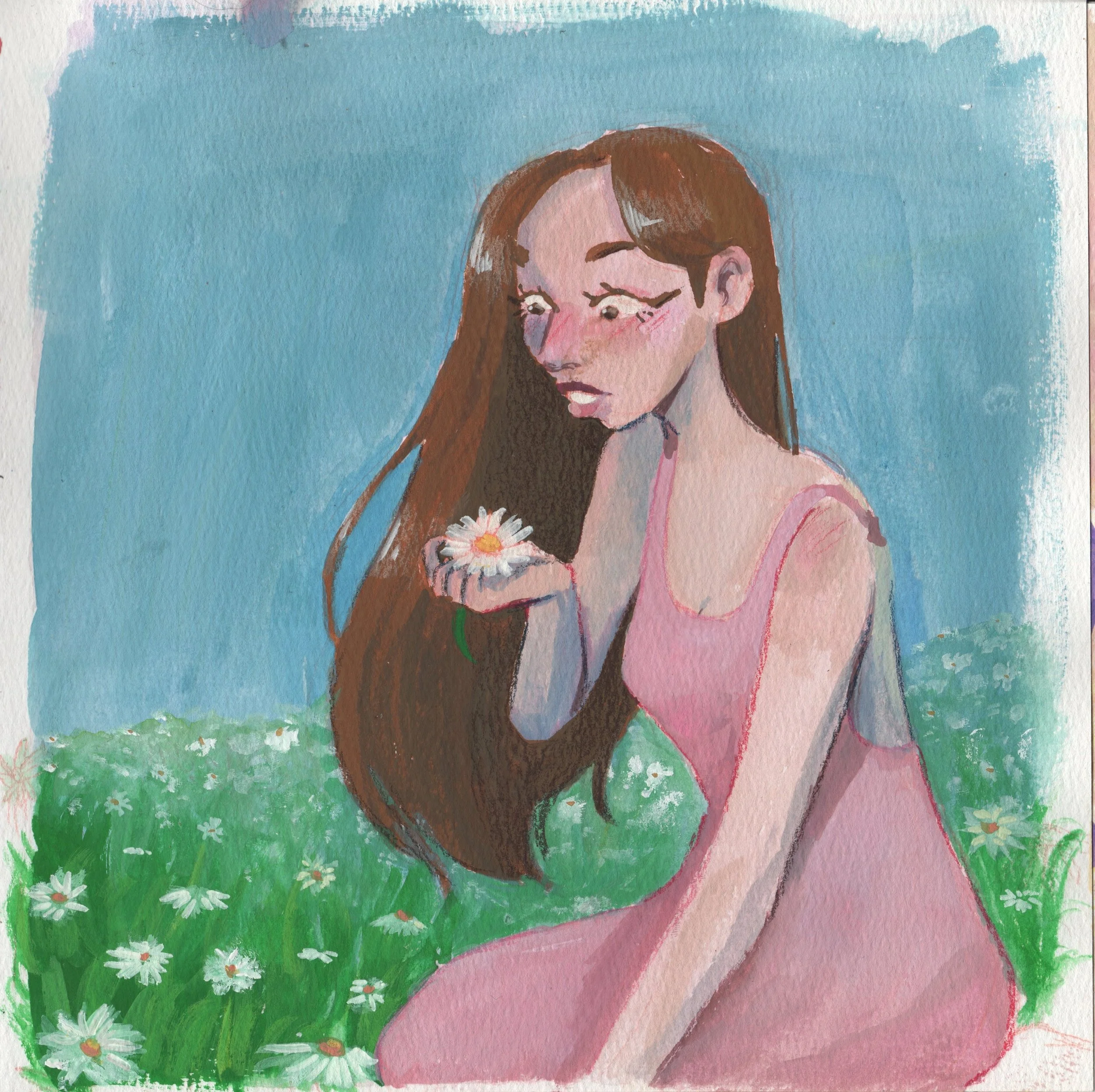 Daisies, 2024
Gouache and colored pencil on watercolor paper
Illustration of a girl with long brown hair sitting in a field of daisies. She is holding a daisy in one hand.