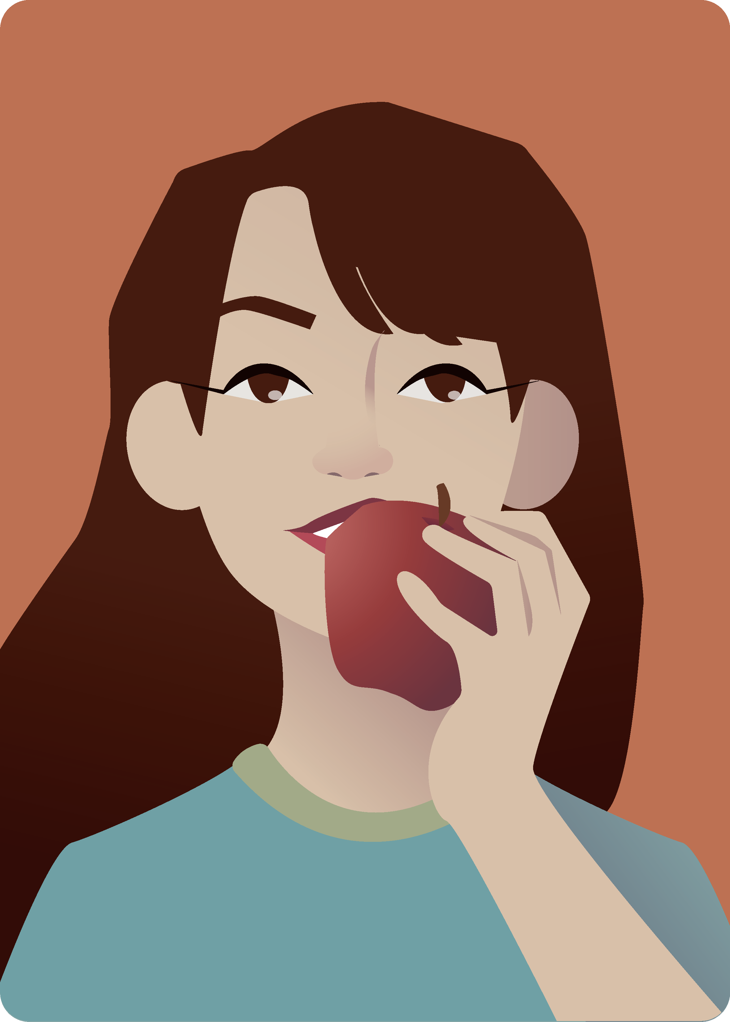 Apple Girl, 2020
Girl with long, brown hair wearing a blue shirt. She is about to take a bite of an apple.