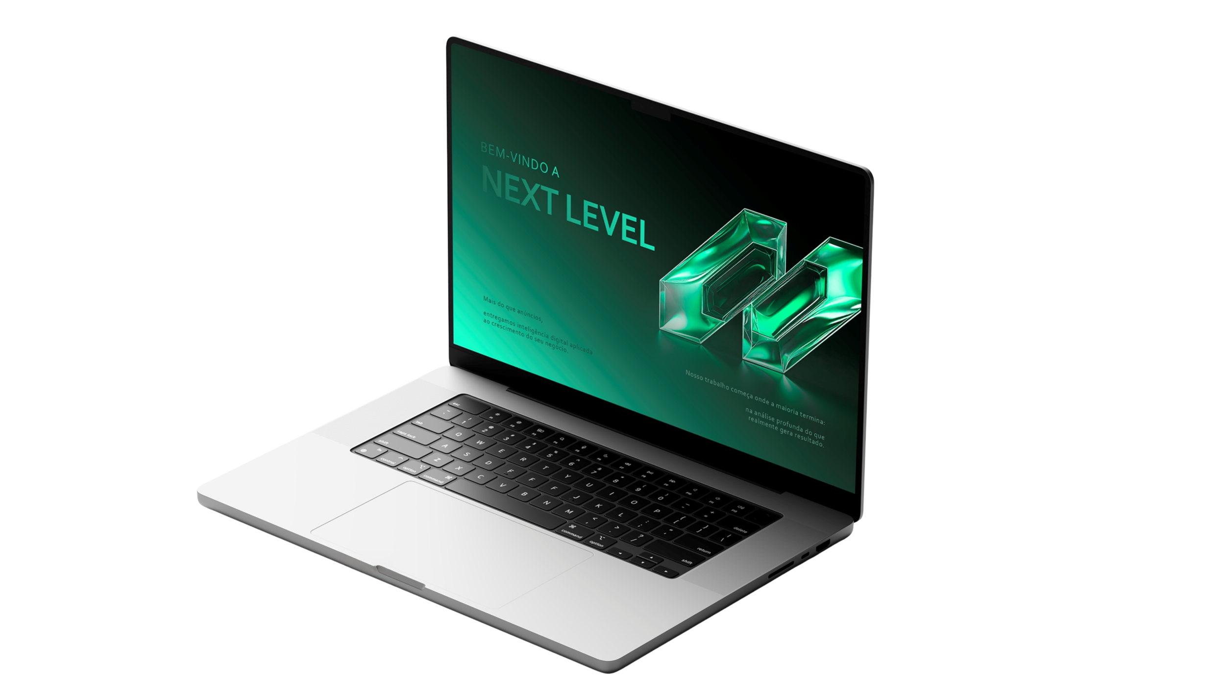 Laptop cinza com tela que exibe mensagem de boas-vindas e modelos 3D verdes. Ambiente preto.