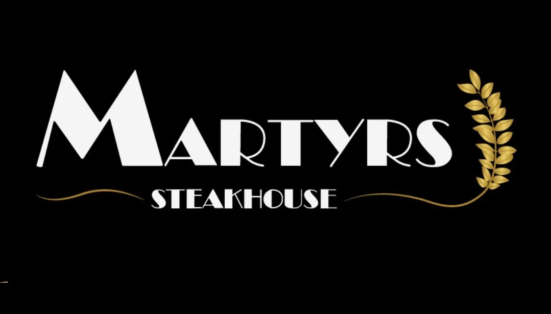 Logo for Martyrs Steakhouse with stylized white text on a black background, gold wheat graphic to the right of the text.