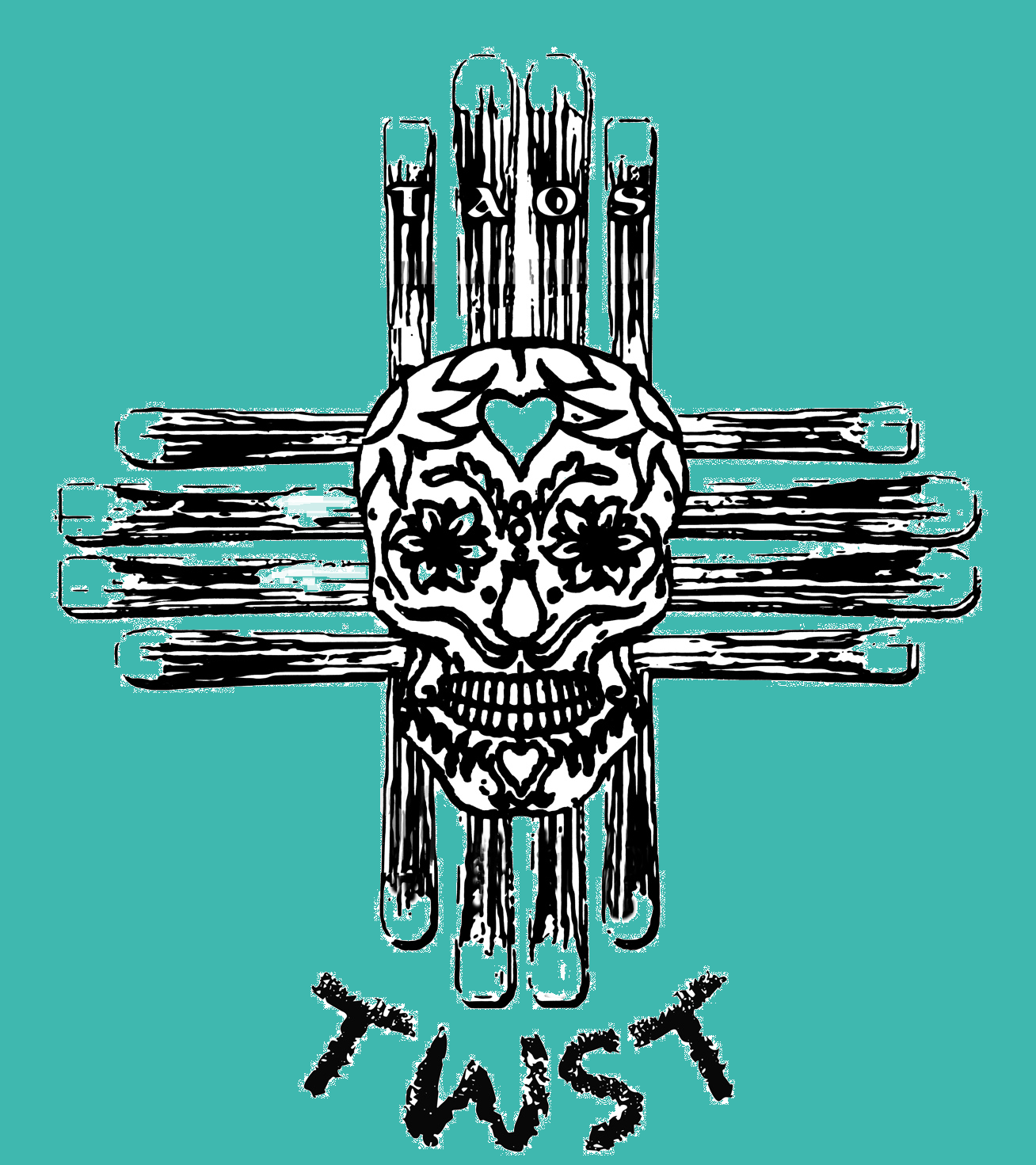 A skull with floral and heart-shaped designs on its face, mounted on a background of wooden planks forming a cross, with the word 'TRUST' written below.