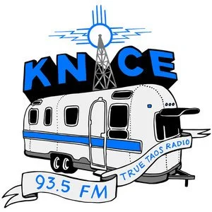 Logo for KNCE radio station featuring a train, radio tower, and frequency 93.5 FM.