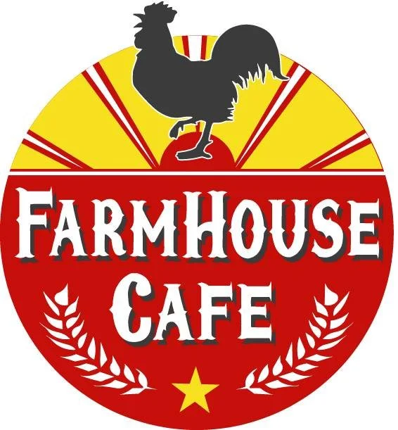 The logo for Farmhouse Cafe features a black rooster silhouette at the top, with a background of yellow and red rays. The name 'Farmhouse Cafe' is written in bold white letters on a red circular background, with white wheat stalks on either side and 