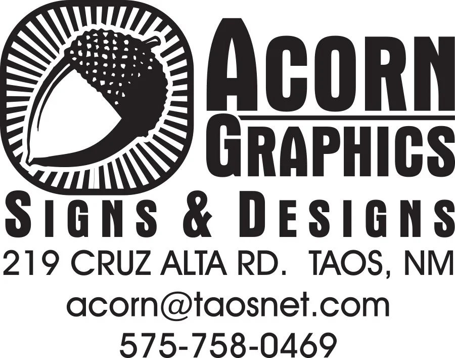 Logo for Acorn Graphics Signs & Designs, featuring an acorn graphic and text with contact information and address in Taos, New Mexico.