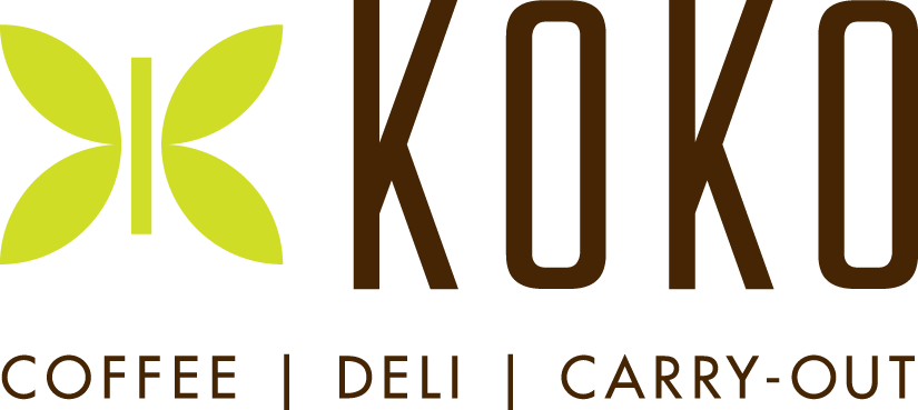 Logo for KOKO featuring a green butterfly, with the text 'KOKO' and smaller text 'Coffee | Deli | Carry-Out'.