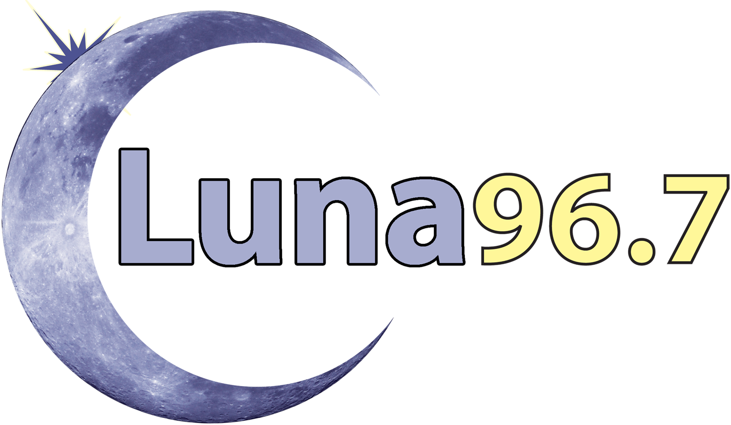 A logo with a large moon in the background and the text "Lunar 96.7" in bold letters.