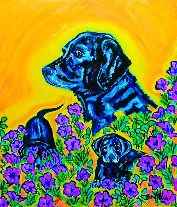 Colorful painting of three blue and black puppies surrounded by purple flowers and a yellow background.
