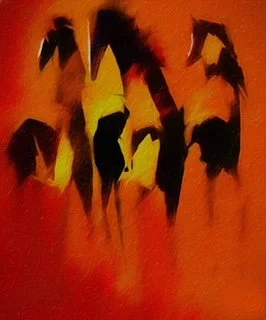 Abstract painting with silhouettes of horses in black and yellow on an orange background.
