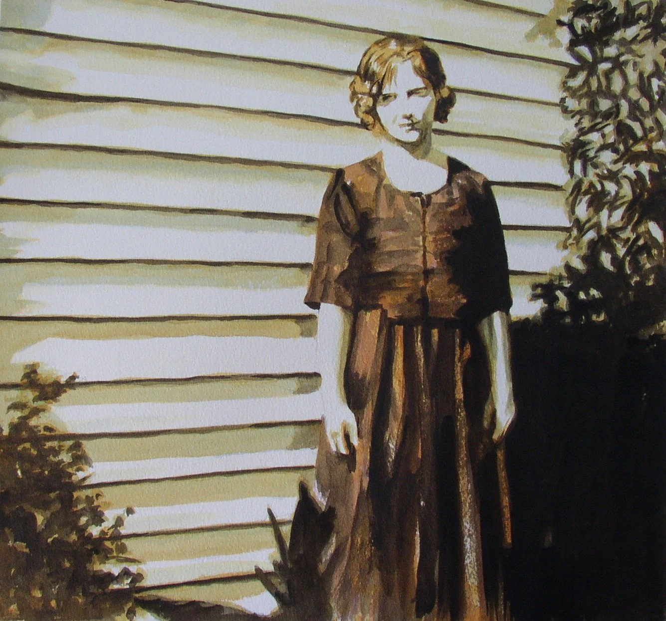 A painting of a young girl with short hair standing outdoors next to a house with horizontal siding. She is dressed in a brown dress and a black cardigan, next to some bushes.