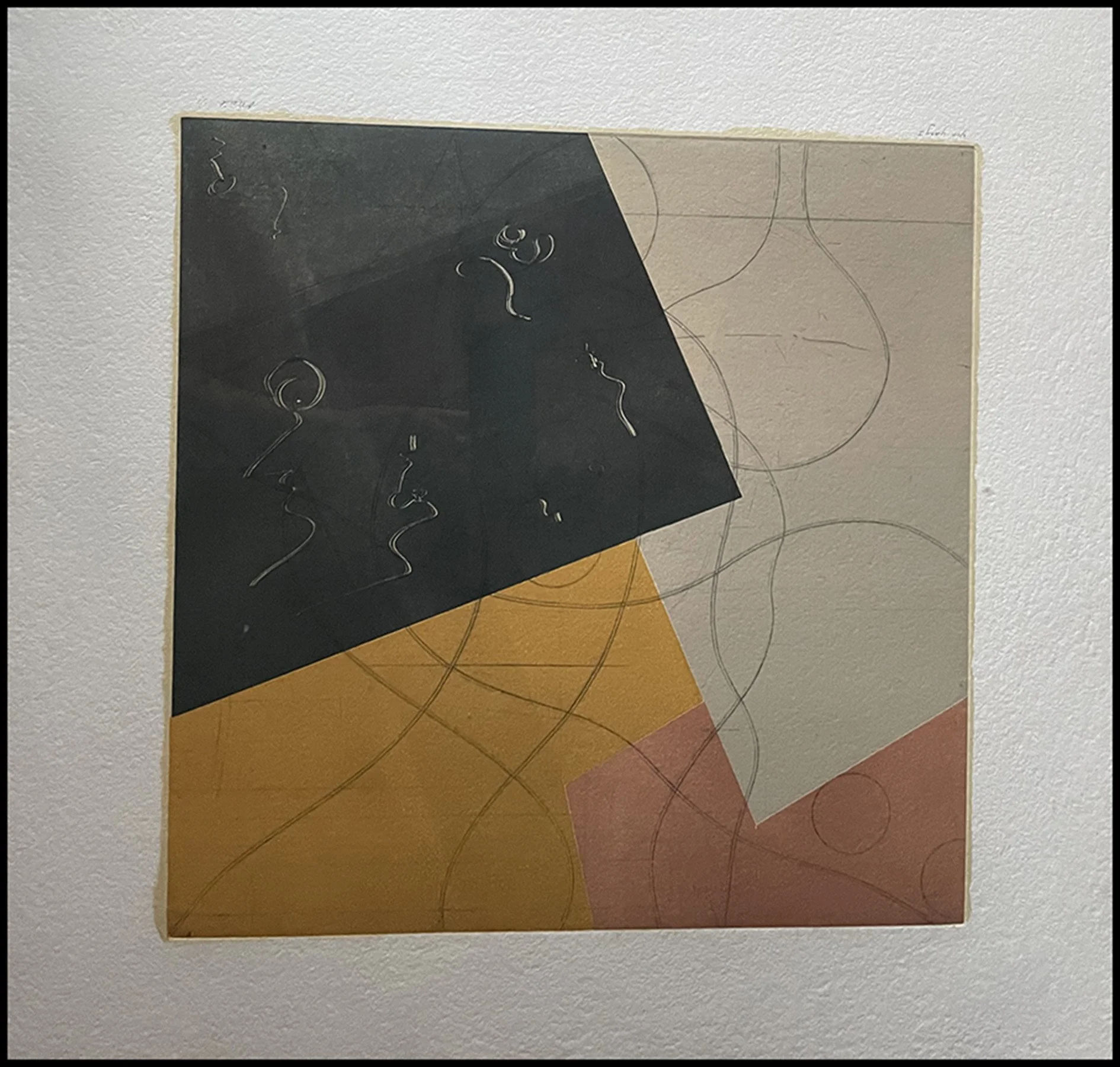 Abstract geometric artwork with triangles and circles in black, beige, yellow, and pink, with thin swirling lines.