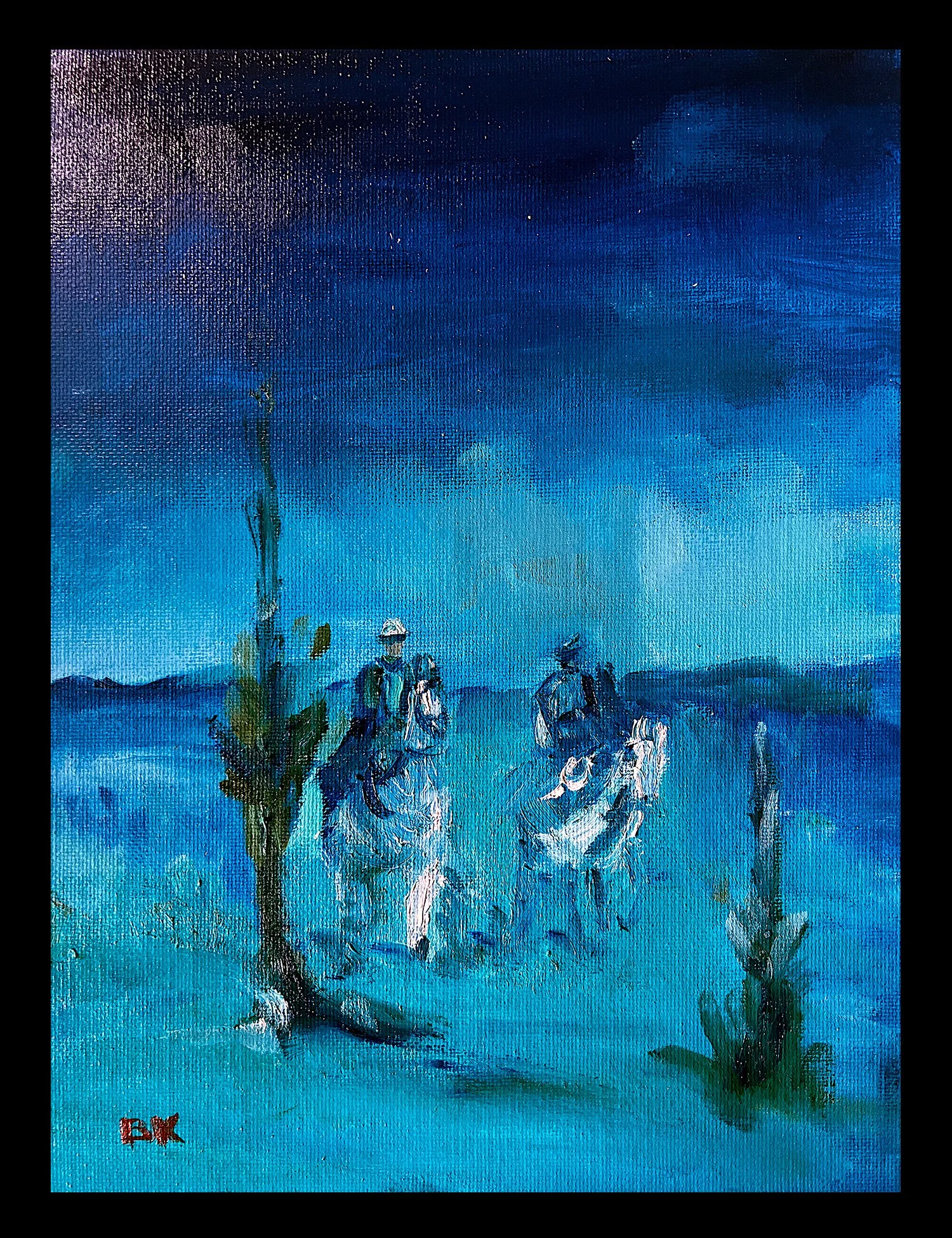 A small oil painting of three cowboys riding horses in a blue landscape with mountains in the distance and a dark purple sky, signed with red initials in the bottom left corner.