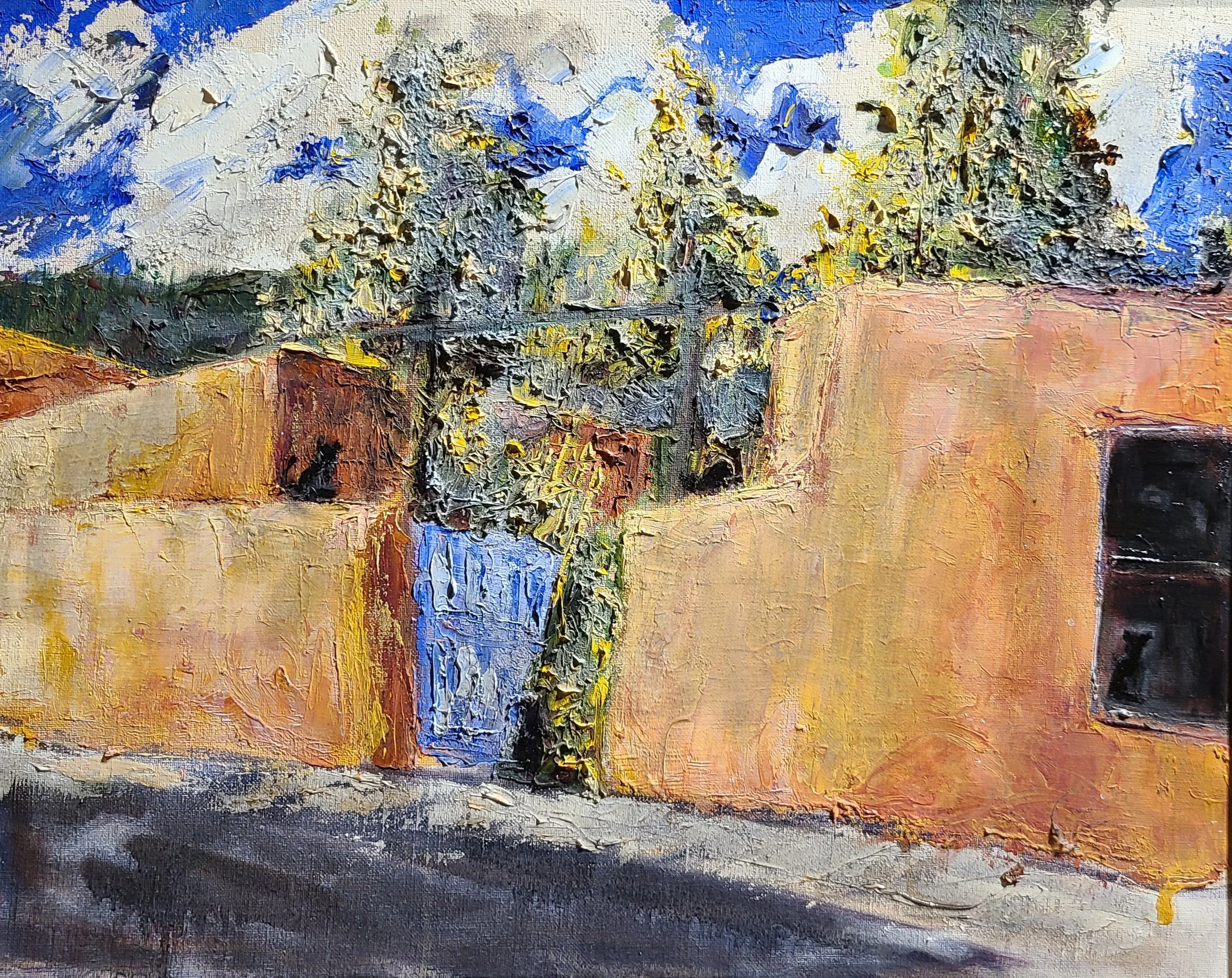 An impressionist-style painting of a building with a yellow wall and a small window. A tree with yellow leaves stands next to it, and a blue door is visible on the building. The sky is blue with some white clouds.